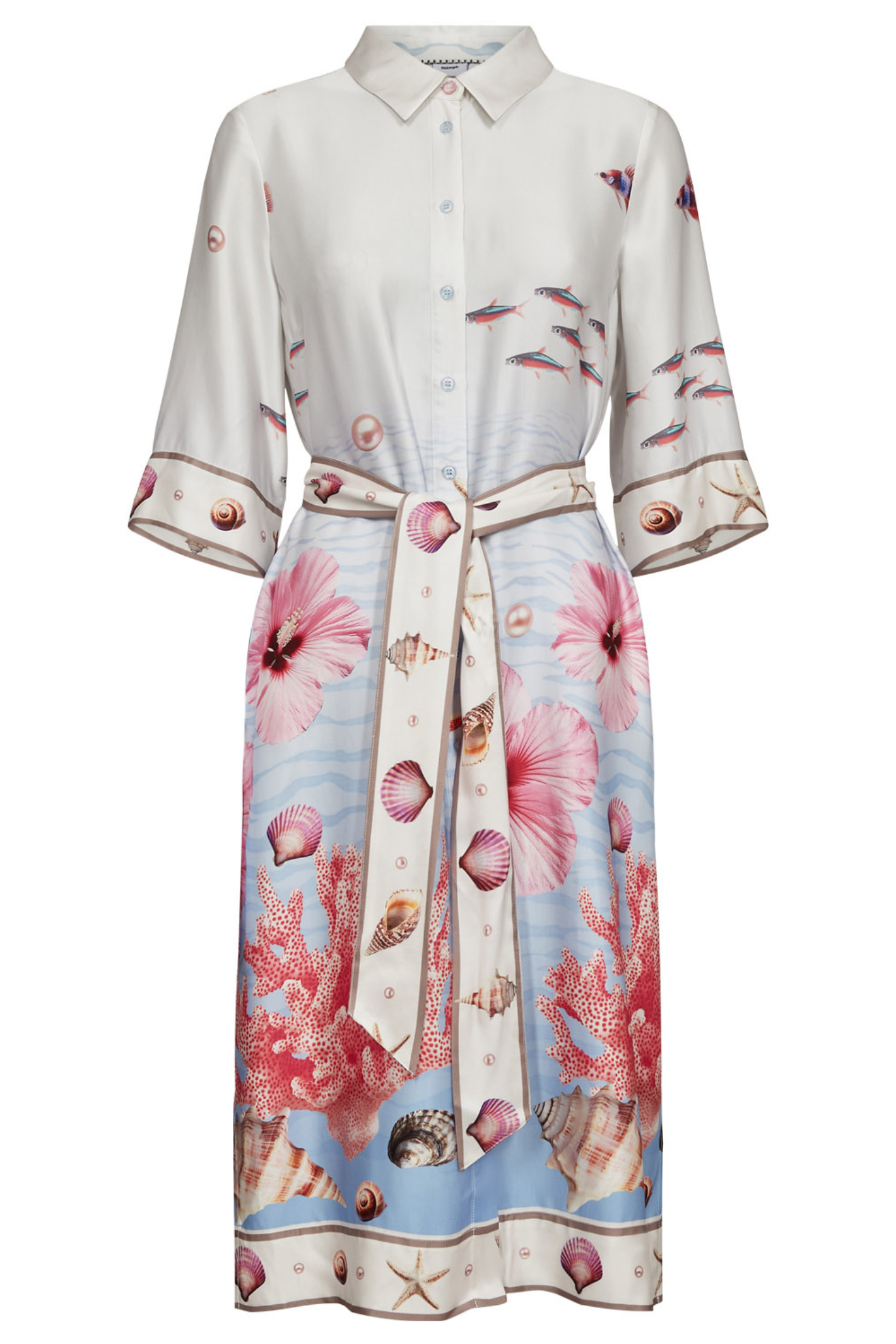 Numph 706753 Nuoceana Shirt Dress Skyway by Numph featuring a sea-inspired print with coral, shells, and fish, shop Numph at Dotique