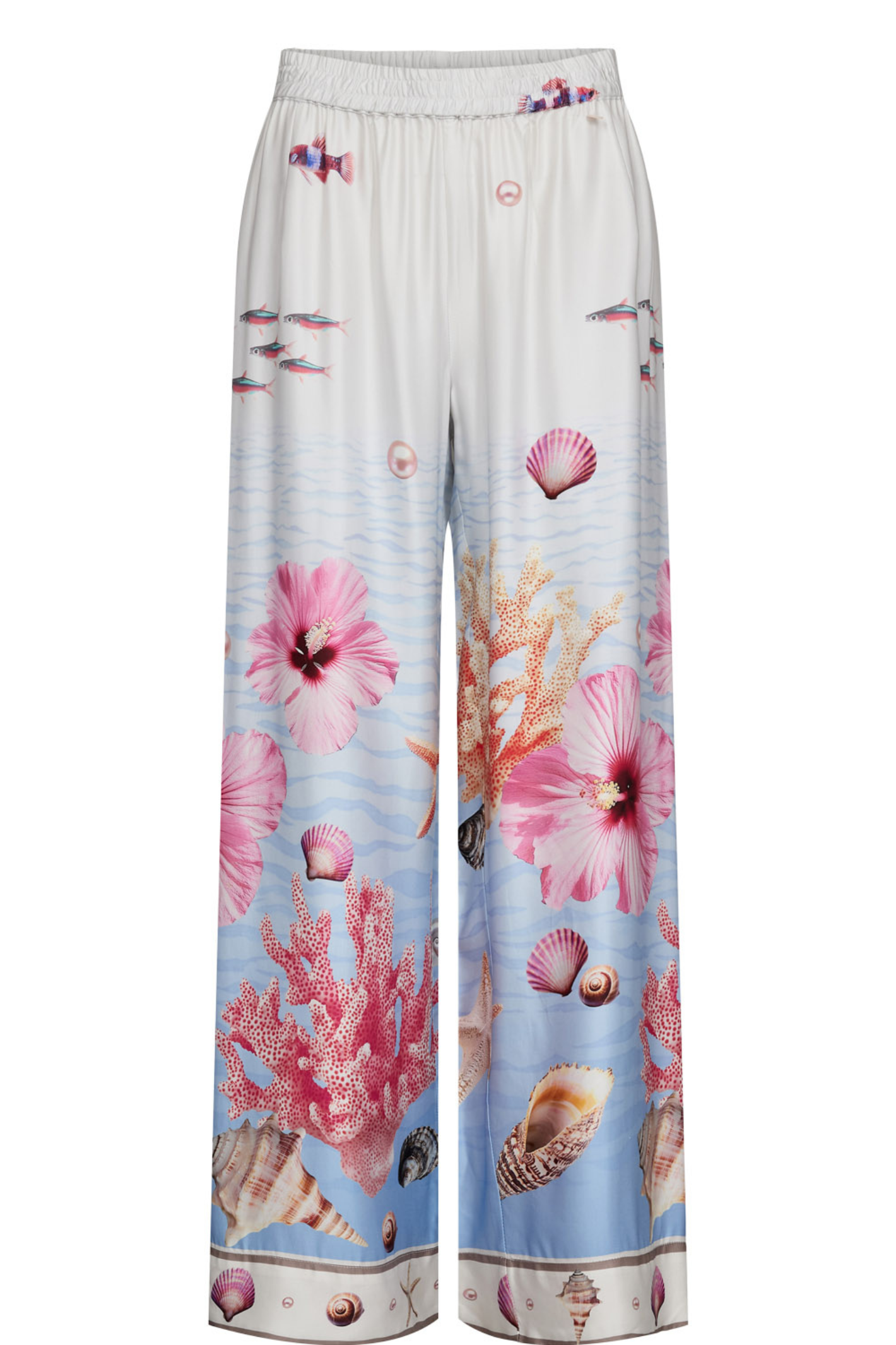 Numph 707149 Nuoceana Wide Leg Trousers – Skyway featuring a light blue and cream base with pink floral and seashell prints by Numph, shop Numph at Dotique.