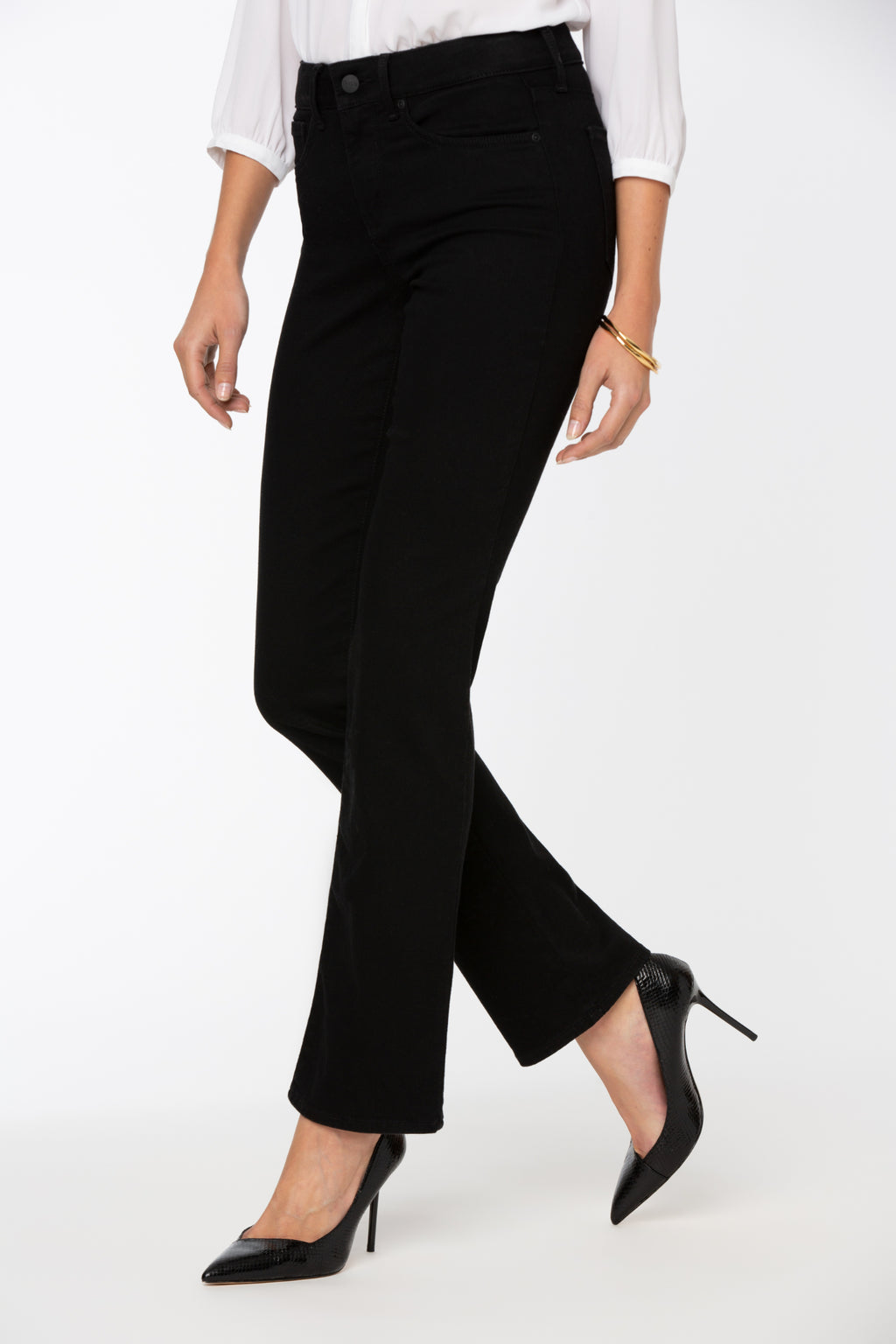 NYDJ Barbara Bootcut Black Jeans 30” styled with heels, shop NYDJ collections at Dotique for versatile fashion looks