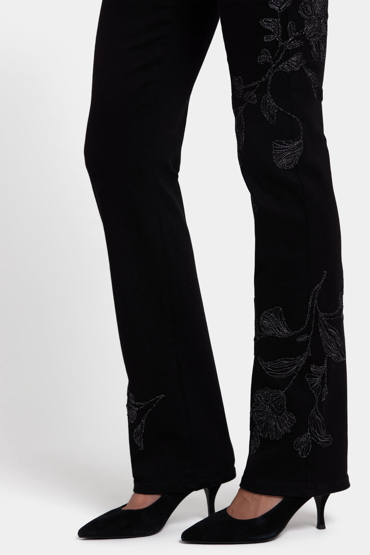 NYDJ Marilyn Straight Black Jeans 30” with embroidered floral design, shop the NYDJ collection at Dotique.
