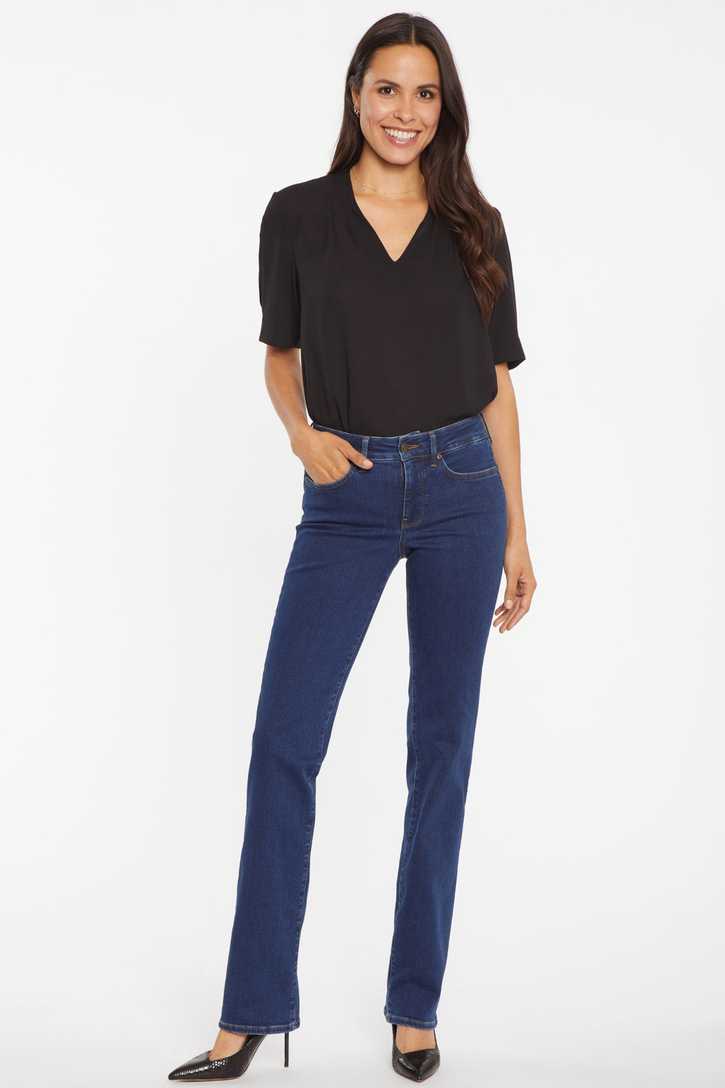 Woman wearing NYDJ Marilyn Straight Quinn Jeans 32” from NYDJ, shop the NYDJ collection at Dotique online store