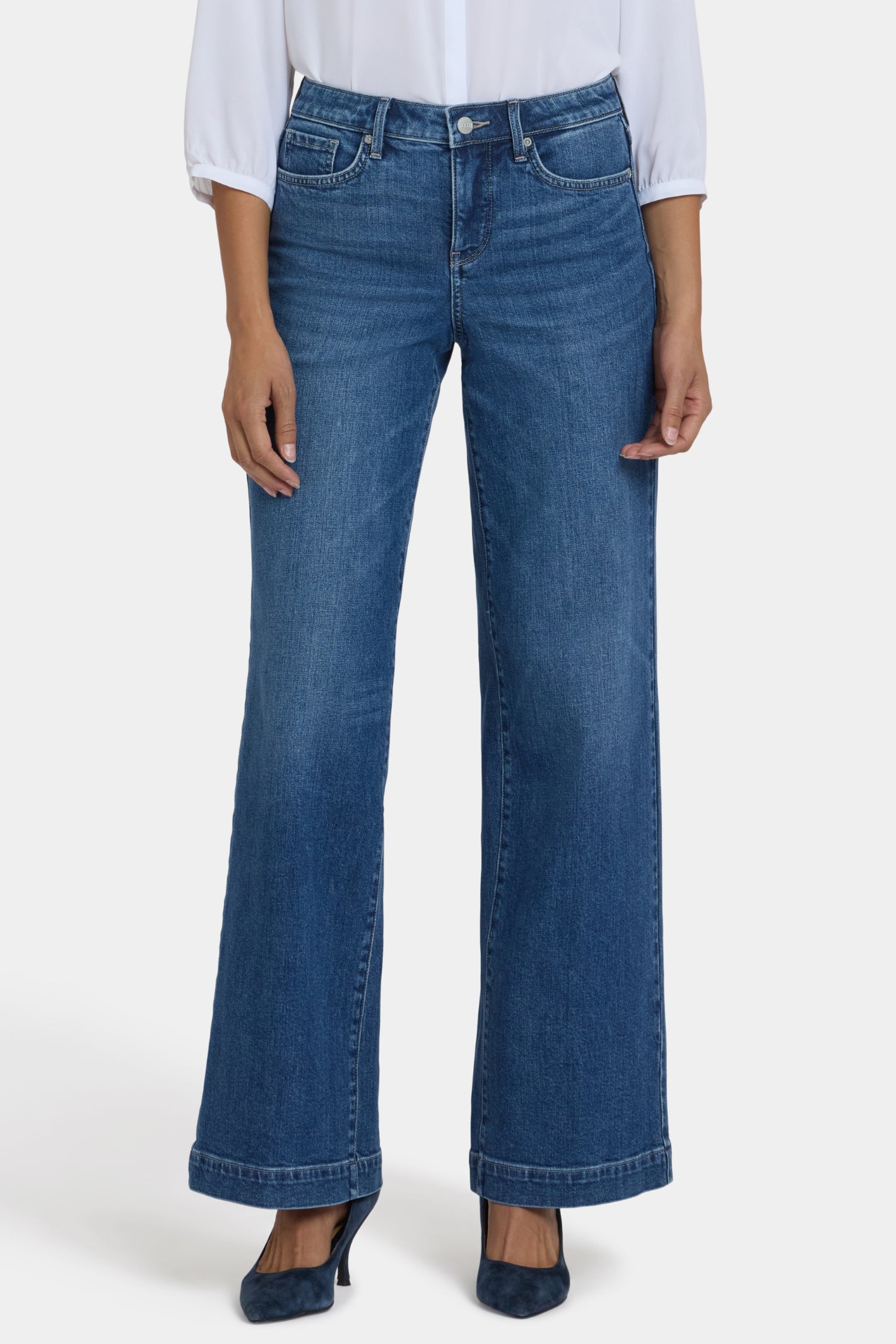 NYDJ Teresa Wide Leg Medium Blue Jeans Lake Notre Dame 33" styled with heels, shop NYDJ at Dotique for trendy denim options
