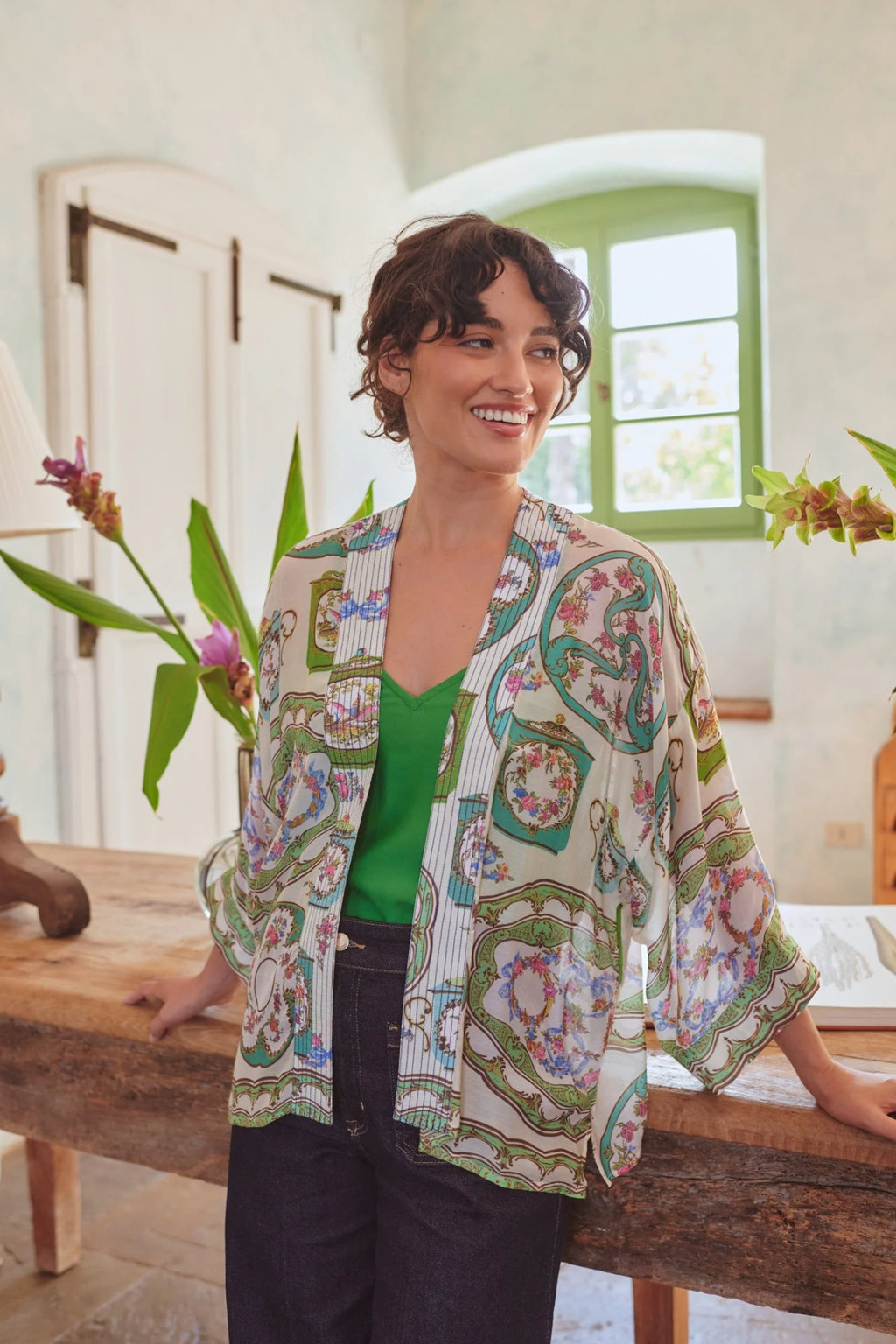 Afternoon Tea Green kimono by One Hundred Stars with soft drape and vibrant print. Made from premium Cupro-Modal fabric — perfect for layering and resort style.