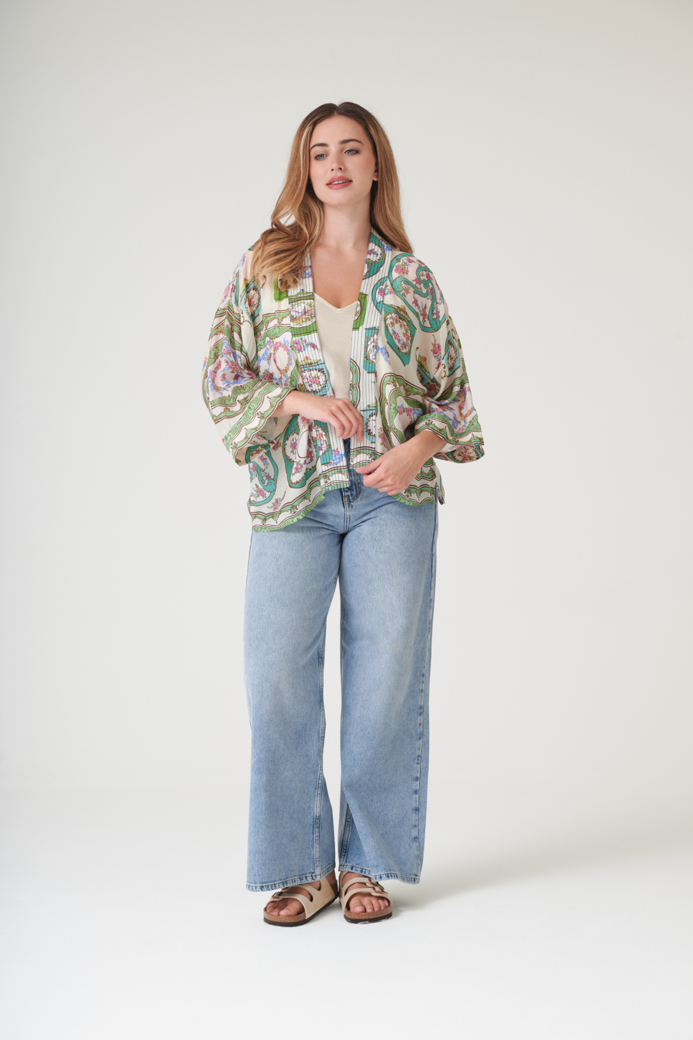 Afternoon Tea Green kimono by One Hundred Stars with soft drape and vibrant print. Made from premium Cupro-Modal fabric — perfect for layering and resort style.