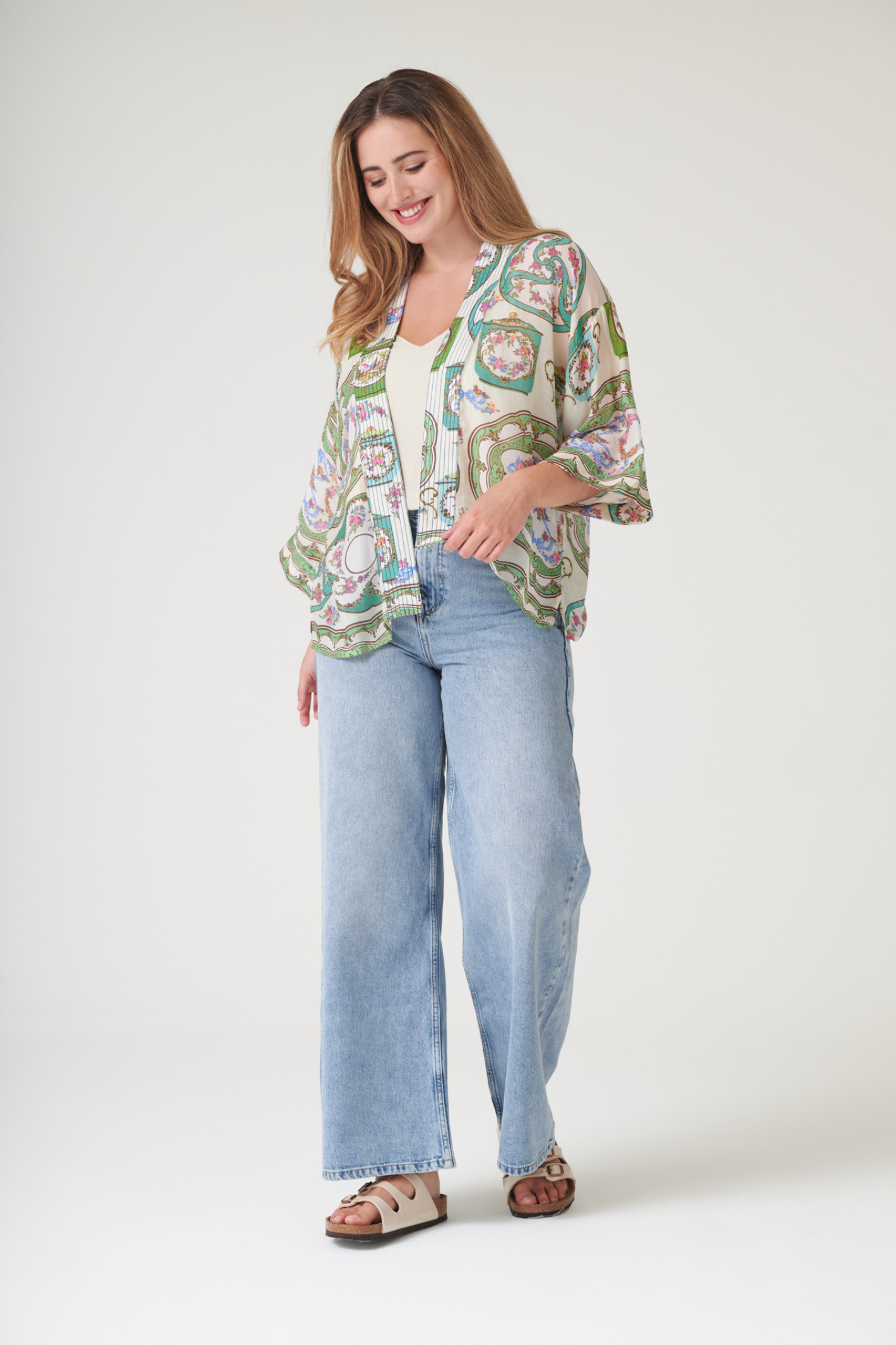 Afternoon Tea Green kimono by One Hundred Stars with soft drape and vibrant print. Made from premium Cupro-Modal fabric — perfect for layering and resort style.