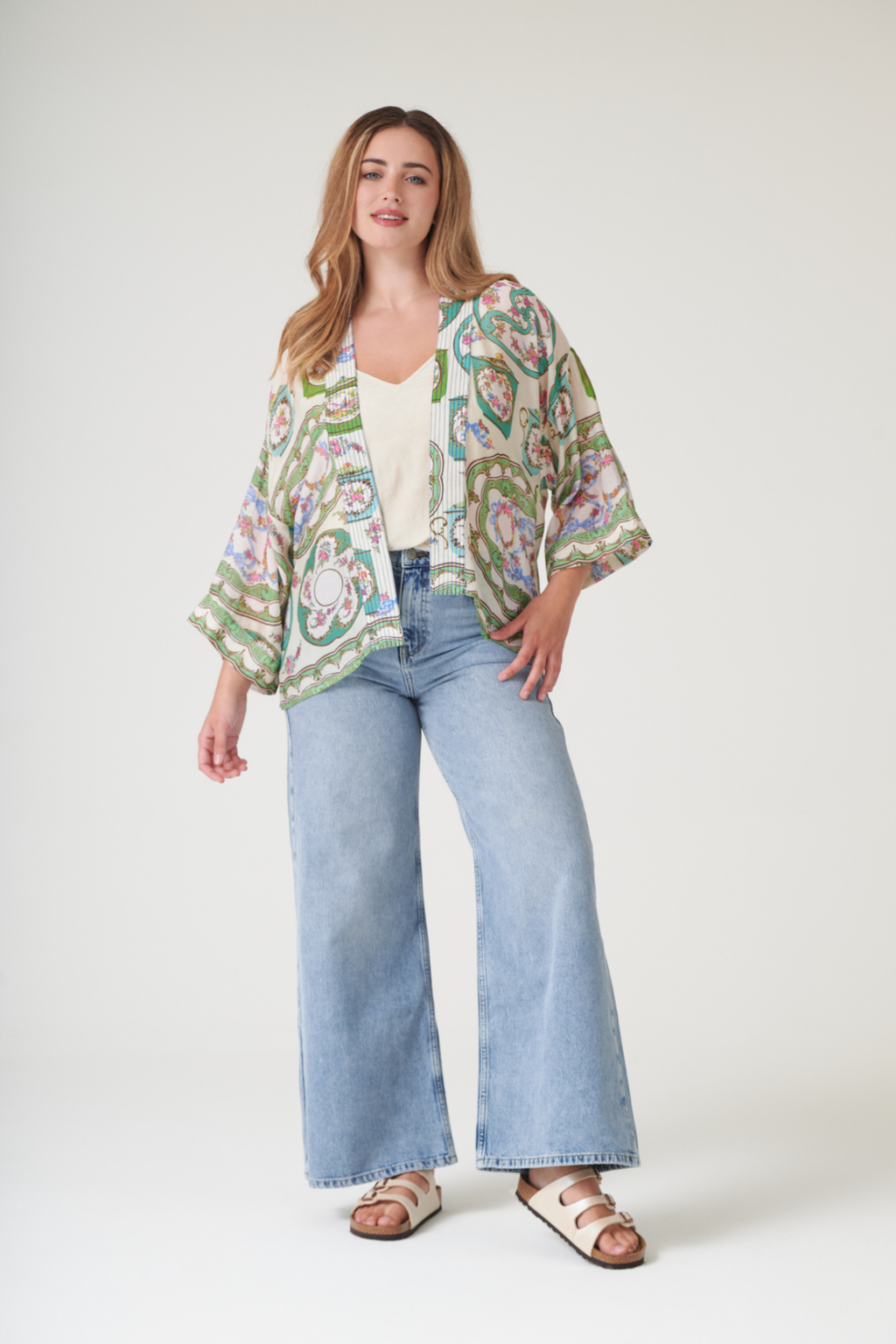 Afternoon Tea Green kimono by One Hundred Stars with soft drape and vibrant print. Made from premium Cupro-Modal fabric — perfect for layering and resort style.