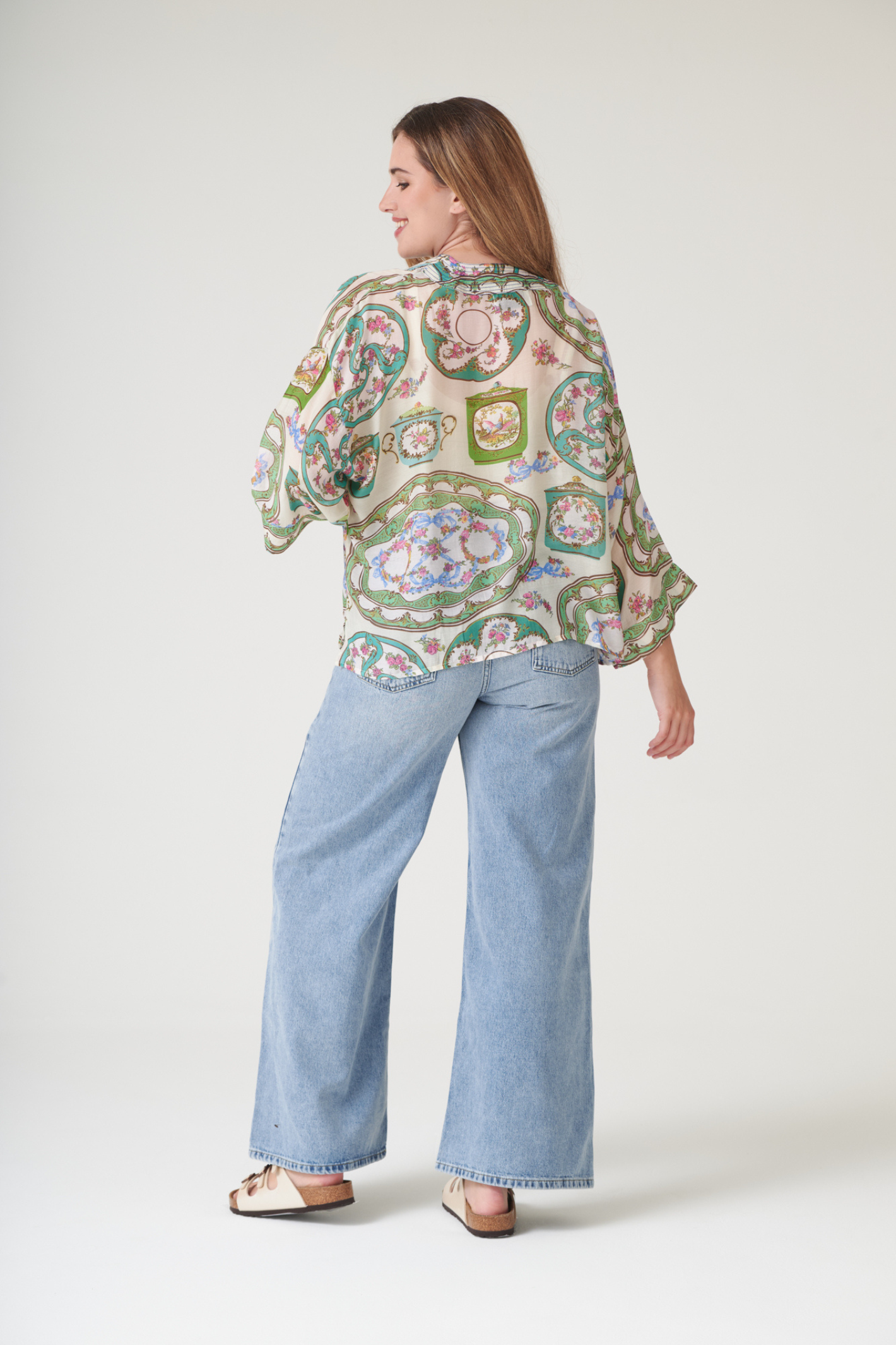 Afternoon Tea Green kimono by One Hundred Stars with soft drape and vibrant print. Made from premium Cupro-Modal fabric — perfect for layering and resort style.