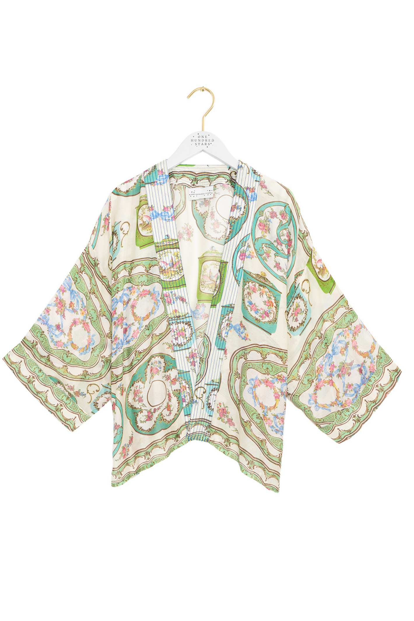 Afternoon Tea Green kimono by One Hundred Stars with soft drape and vibrant print. Made from premium Cupro-Modal fabric — perfect for layering and resort style.