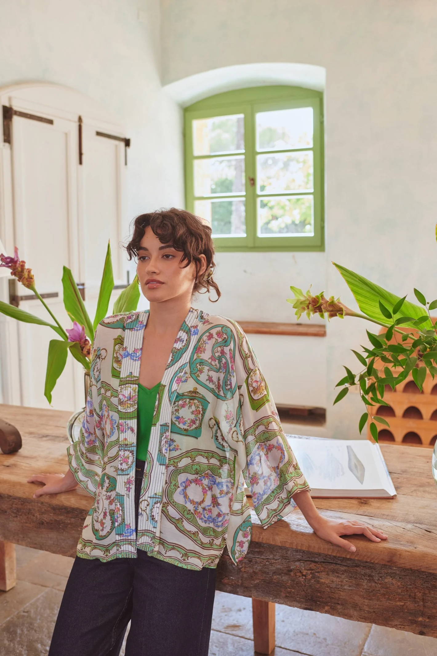 Afternoon Tea Green kimono by One Hundred Stars with soft drape and vibrant print. Made from premium Cupro-Modal fabric — perfect for layering and resort style.