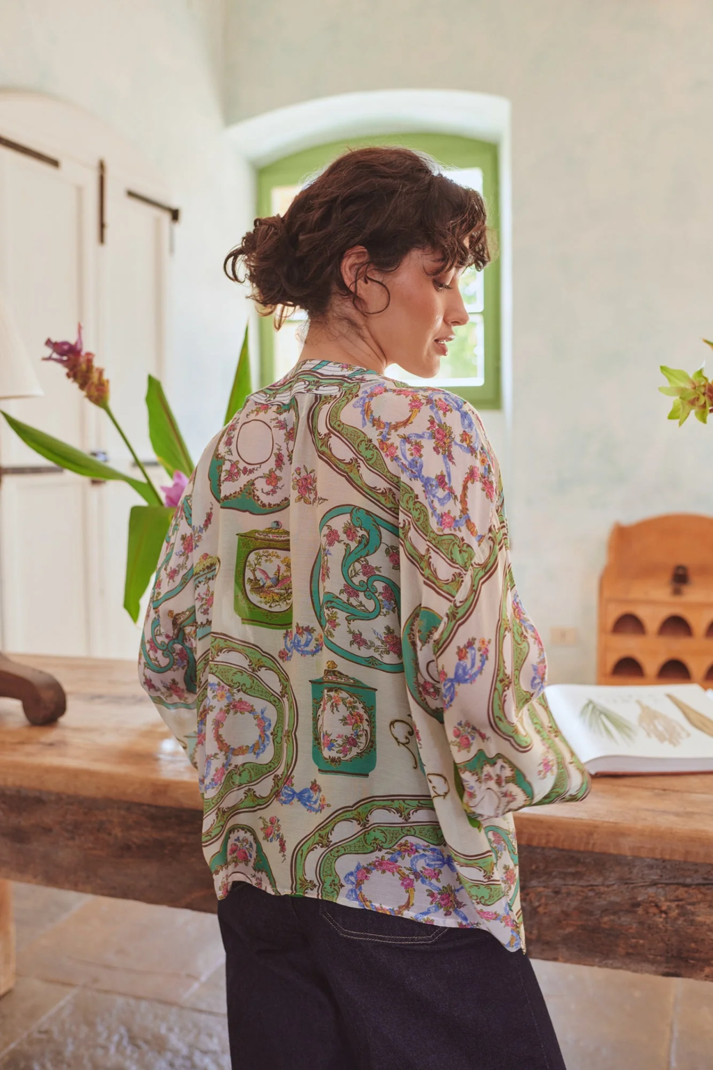 Afternoon Tea Green kimono by One Hundred Stars with soft drape and vibrant print. Made from premium Cupro-Modal fabric — perfect for layering and resort style.