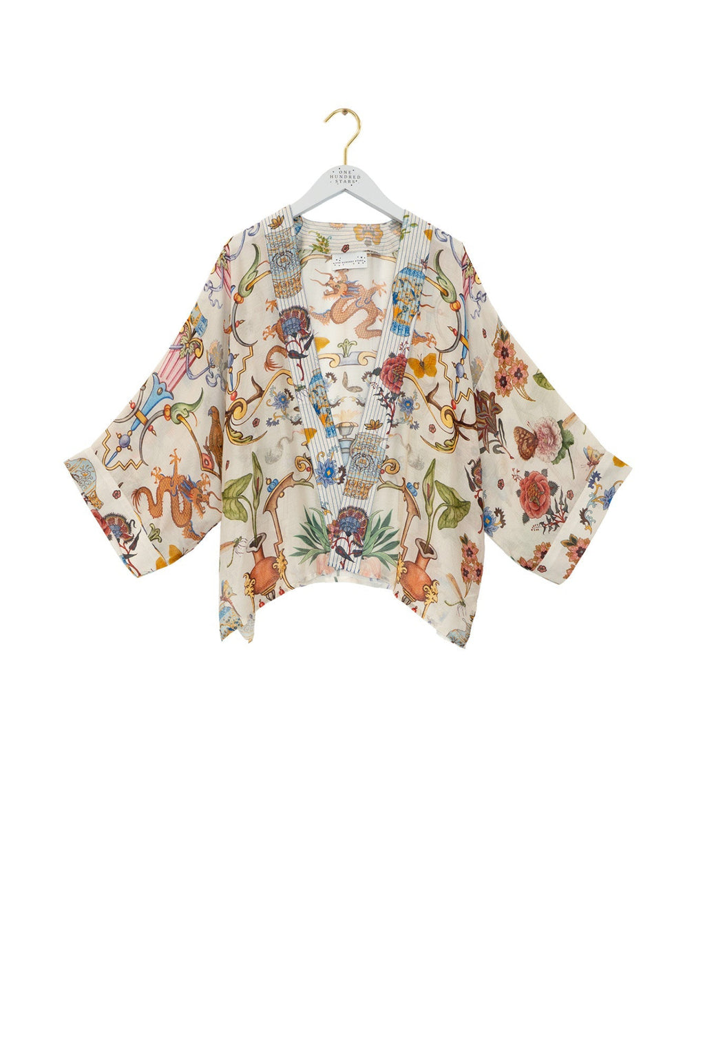 One Hundred Stars KIMCORIVO Cornucopia Ivory Kimono by One Hundred Stars featuring a colorful intricate floral and animal print, shop One Hundred Stars at Dotique.