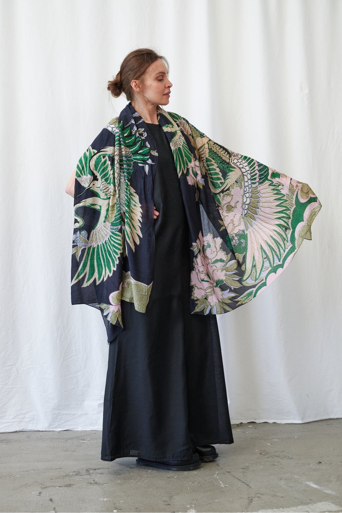 One Hundred Stars Crane Emerald Scarf, official product photograph. Shop One Hundred Stars at Dotique.