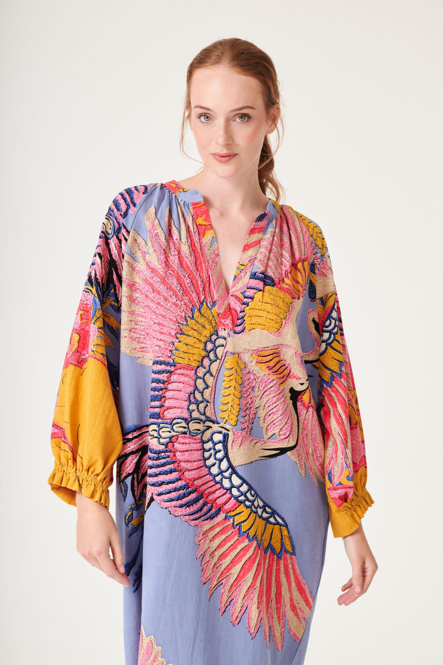 Crane Periwinkle raglan dress by One Hundred Stars with soft print and relaxed silhouette. Made from breathable cotton with side pockets — perfect for summer. Shop at Dotique.