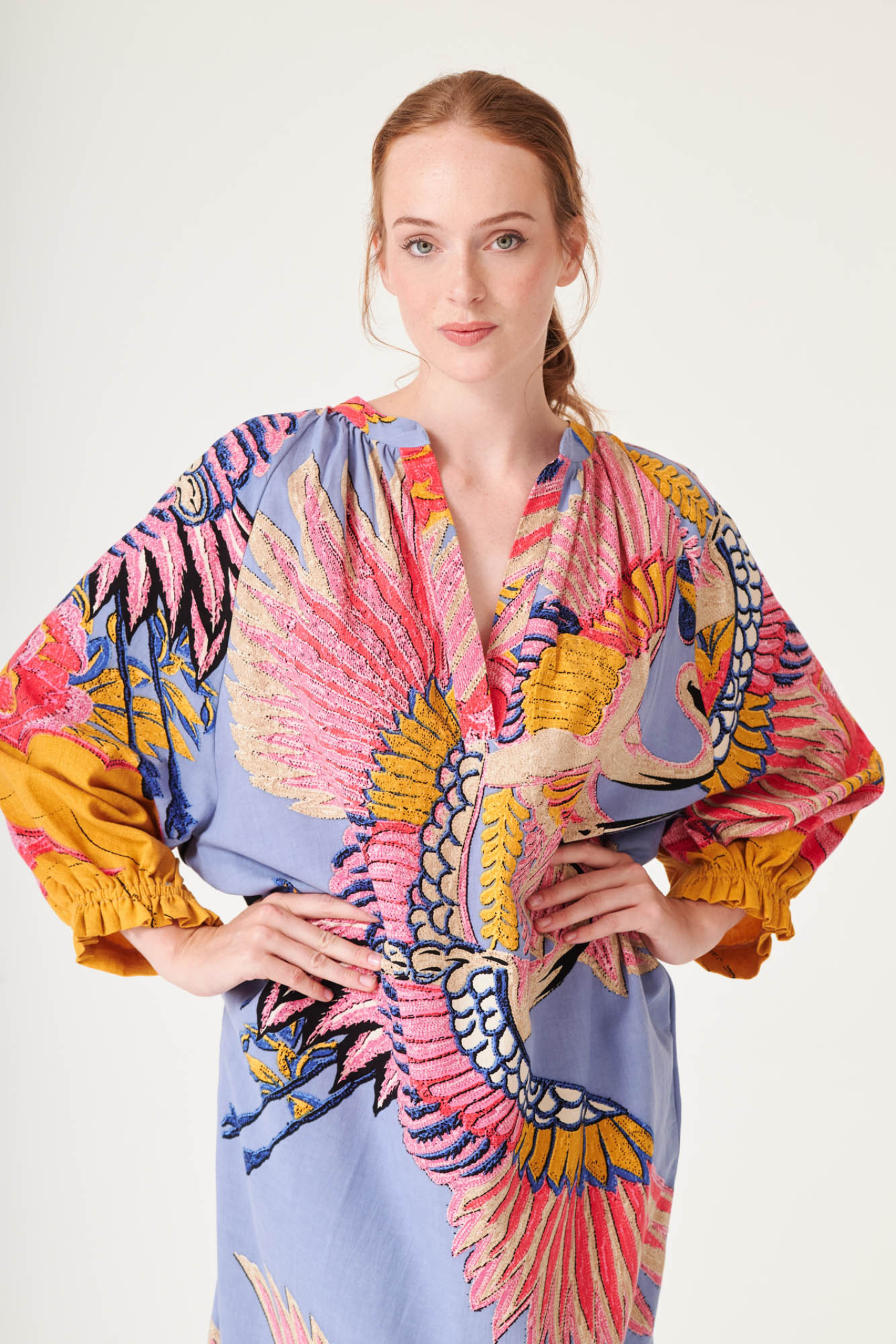 Crane Periwinkle raglan dress by One Hundred Stars with soft print and relaxed silhouette. Made from breathable cotton with side pockets — perfect for summer. Shop at Dotique.