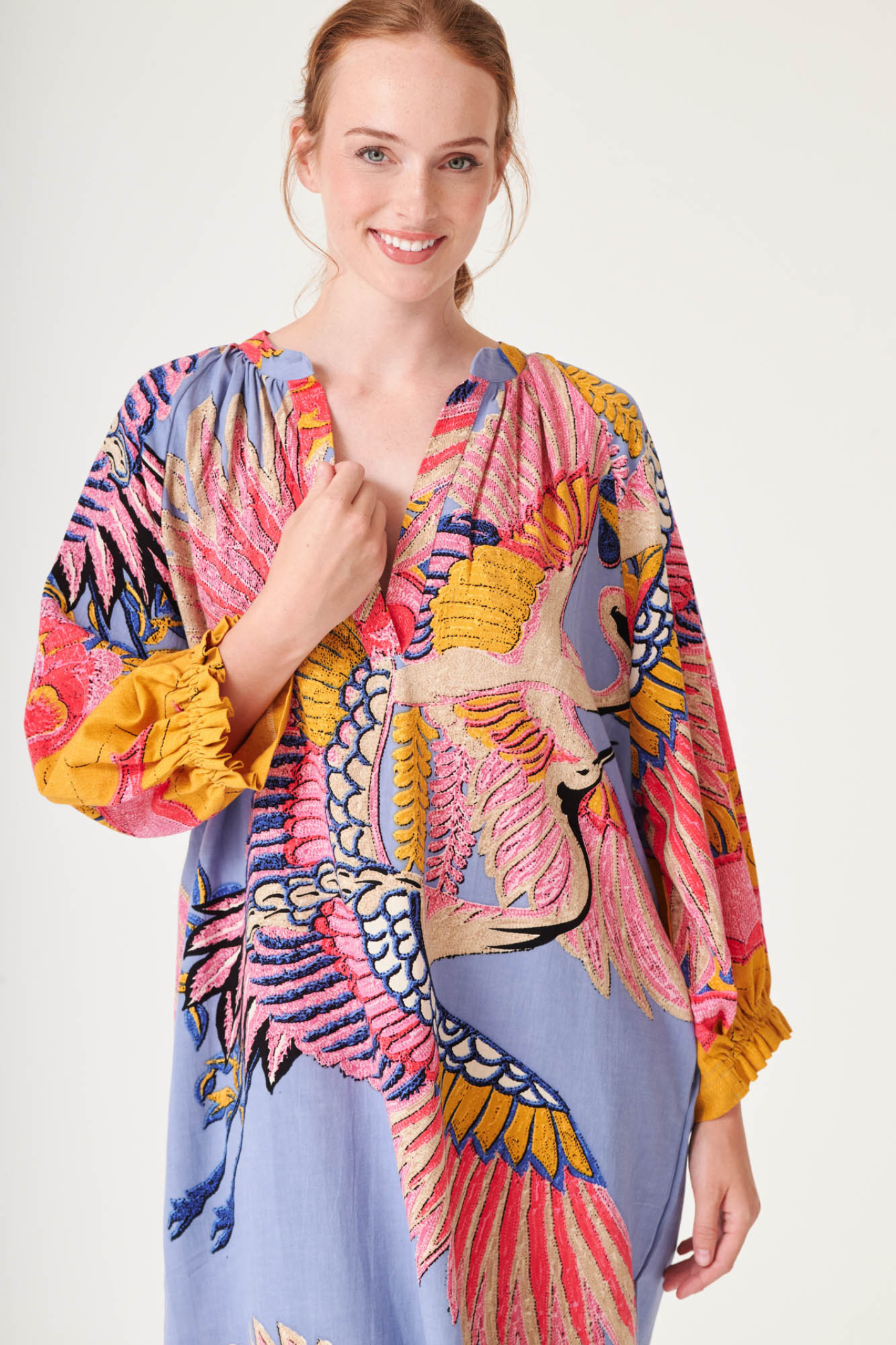 Crane Periwinkle raglan dress by One Hundred Stars with soft print and relaxed silhouette. Made from breathable cotton with side pockets — perfect for summer. Shop at Dotique.