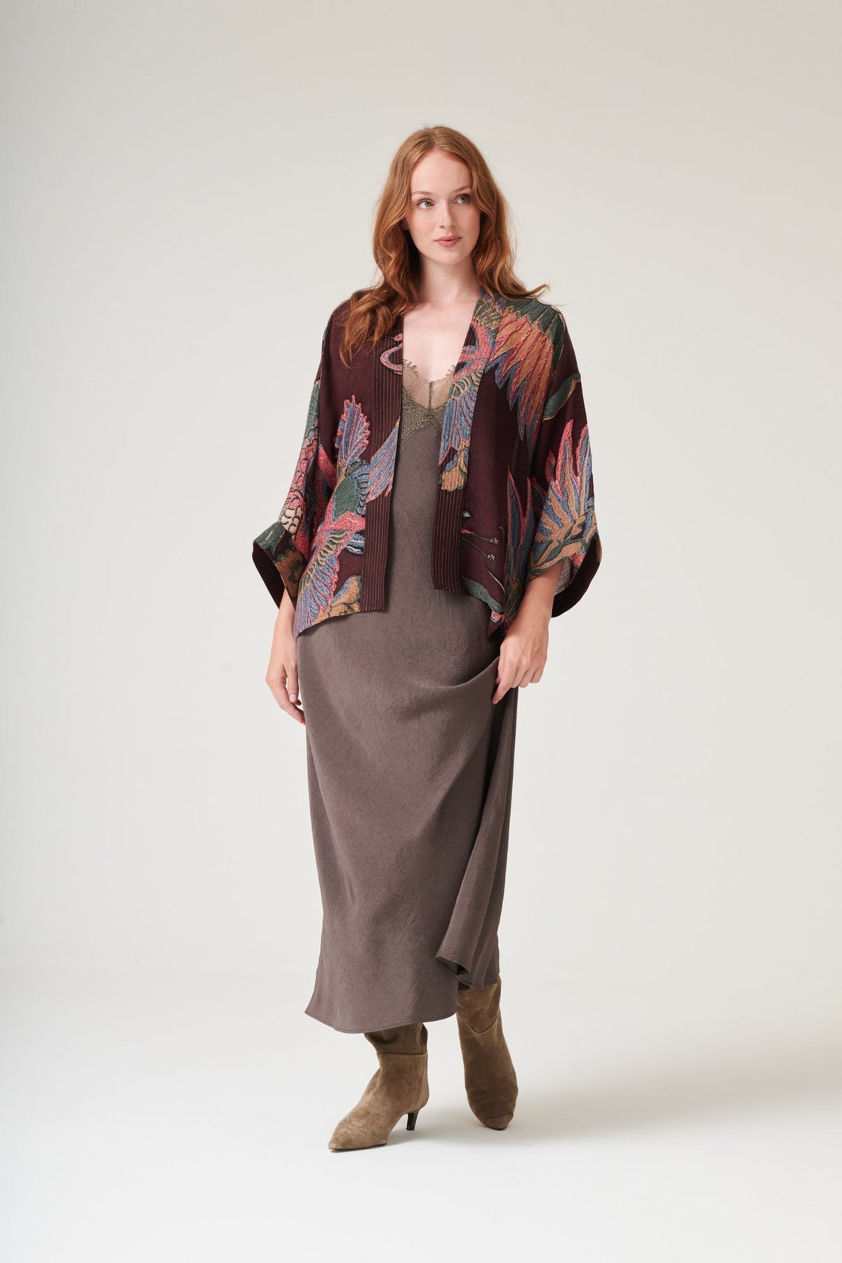 One Hundred Stars Crane Plum Wool Kimono, official product photograph. Shop One Hundred Stars at Dotique.