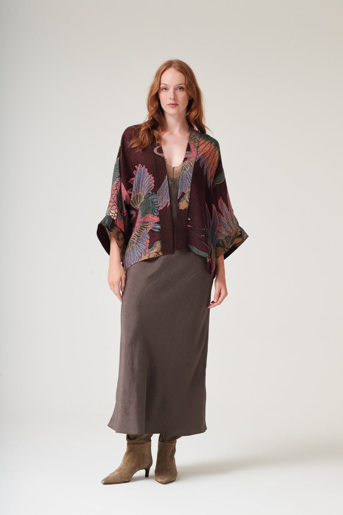 One Hundred Stars Crane Plum Wool Kimono, official product photograph. Shop One Hundred Stars at Dotique.