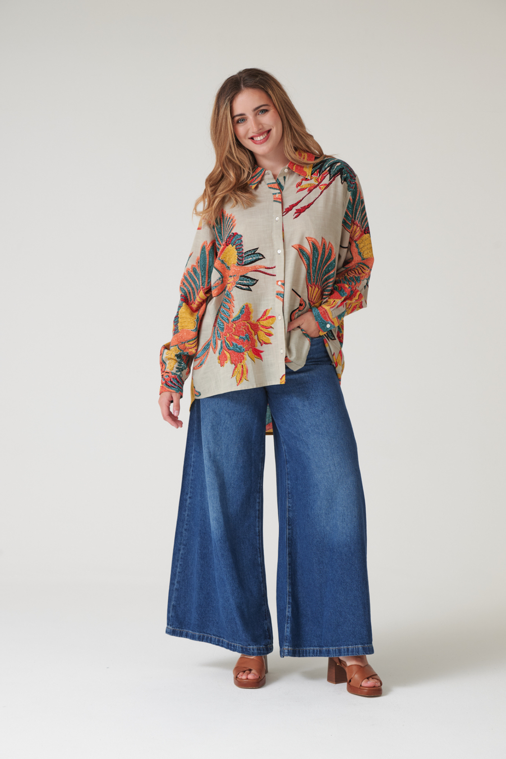 Oversized Crane Stone shirt by One Hundred Stars in a premium modal-cupro blend. Easy, relaxed style with fluid drape — perfect for layering or as a stand-alone piece. Shop at Dotique.