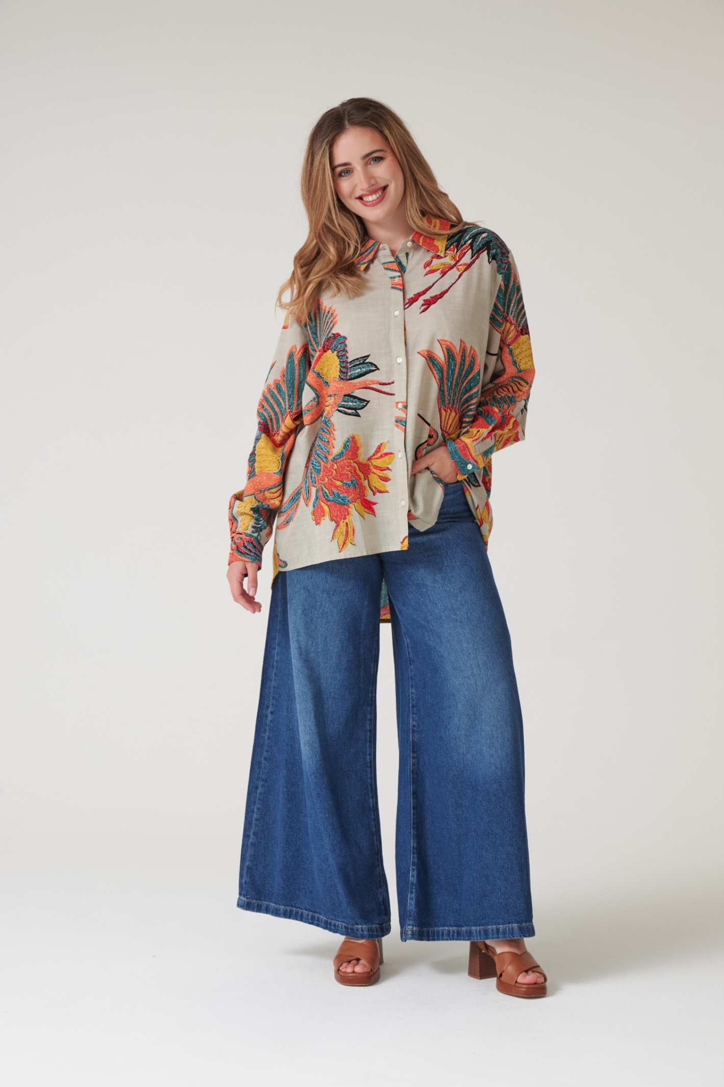 Oversized Crane Stone shirt by One Hundred Stars in a premium modal-cupro blend. Easy, relaxed style with fluid drape — perfect for layering or as a stand-alone piece. Shop at Dotique.