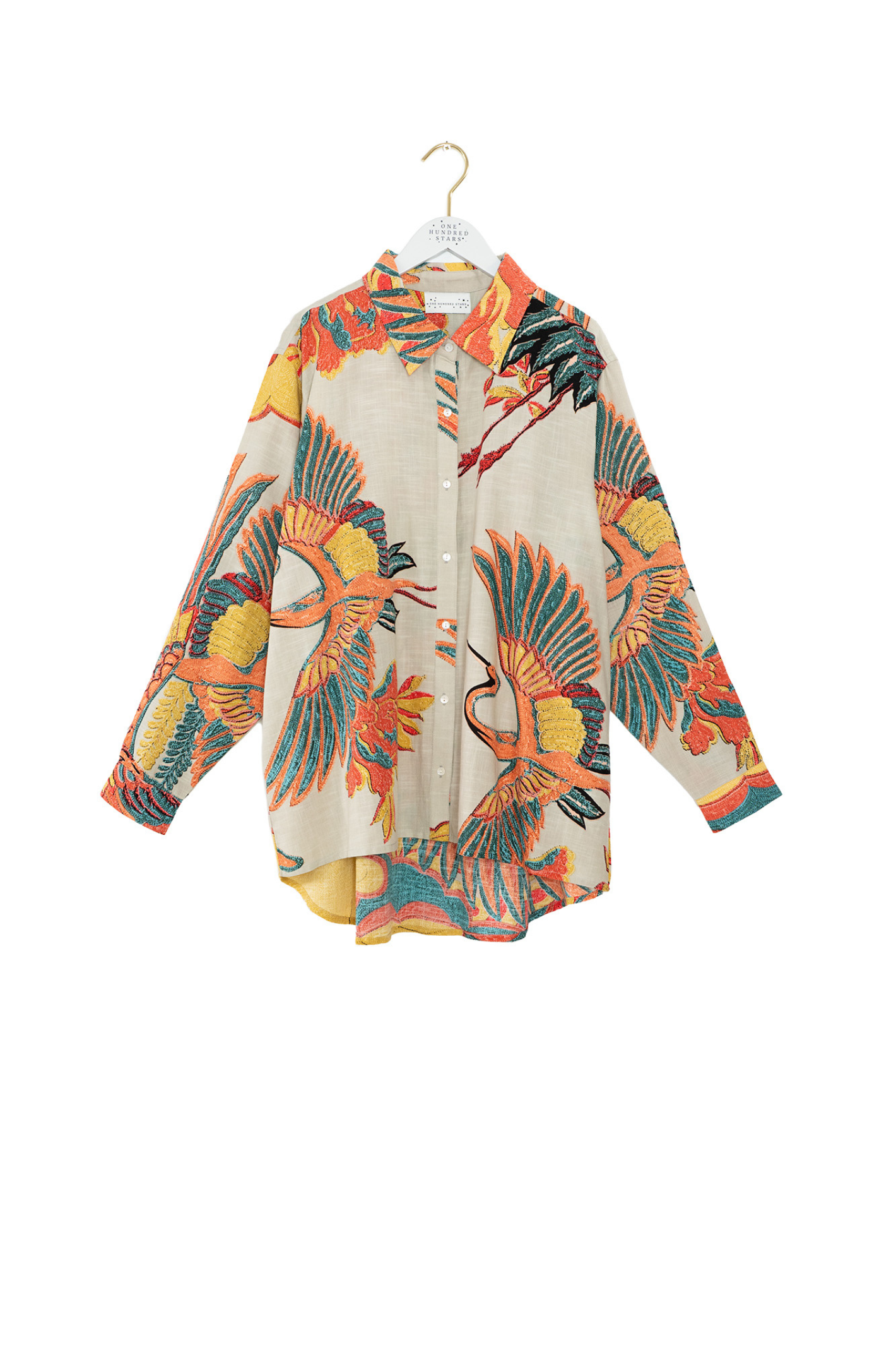 Oversized Crane Stone shirt by One Hundred Stars in a premium modal-cupro blend. Easy, relaxed style with fluid drape — perfect for layering or as a stand-alone piece. Shop at Dotique.
