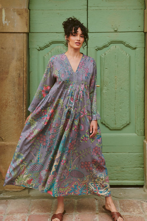 Boho Garden Grey Pinch Pleat Dress by One Hundred Stars, view 2. Shop One Hundred Stars at Dotique.