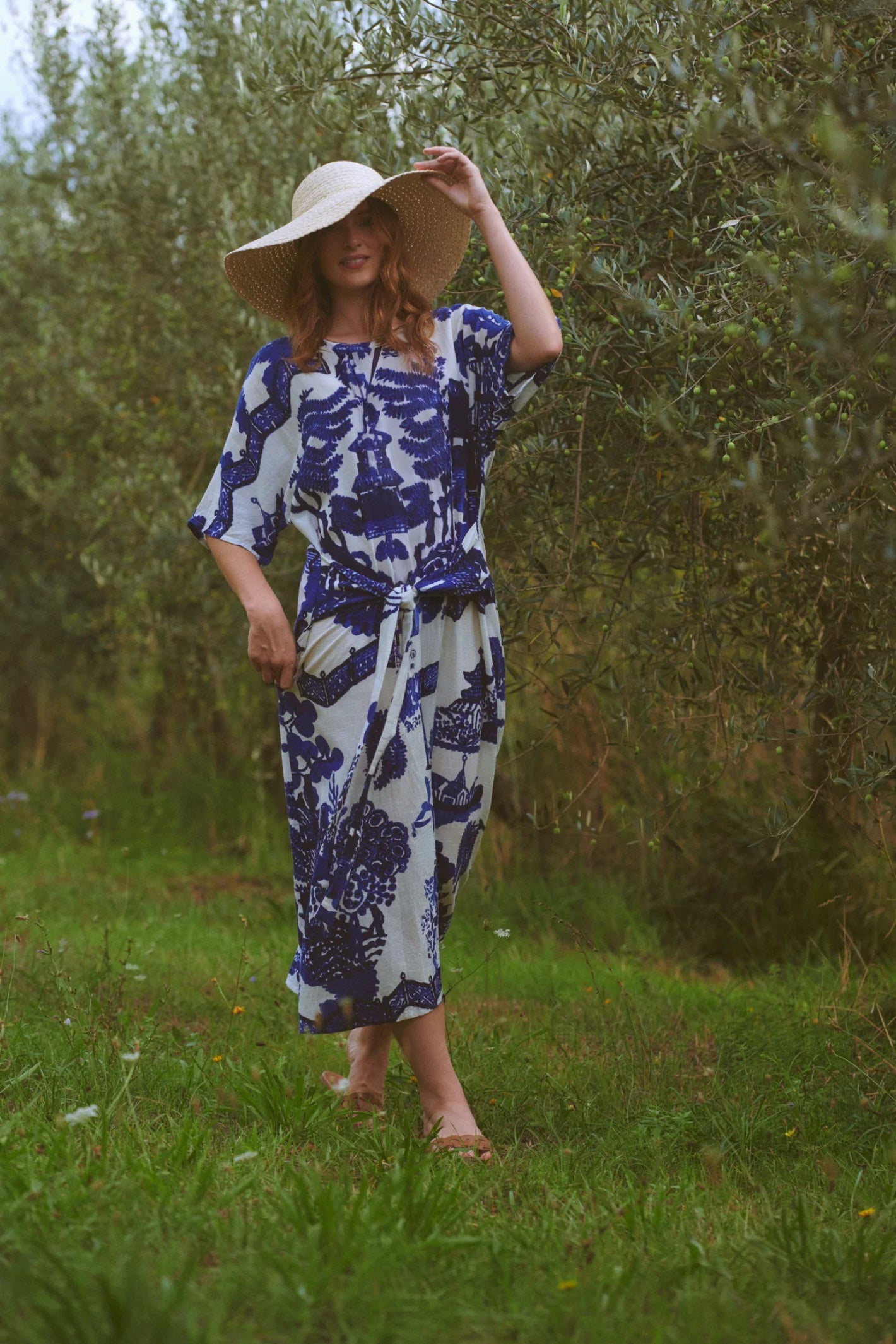 Model wearing One Hundred Stars DOBGIWBLU Giant Willow Blue Obi Dress by One Hundred Stars shop Dotique online