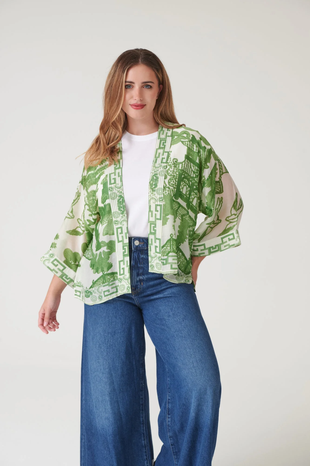 Giant Willow Green kimono by One Hundred Stars in a premium modal-cupro blend. Lightweight, fluid and perfect for layering over dresses, tops or swimwear. Shop at Dotique.