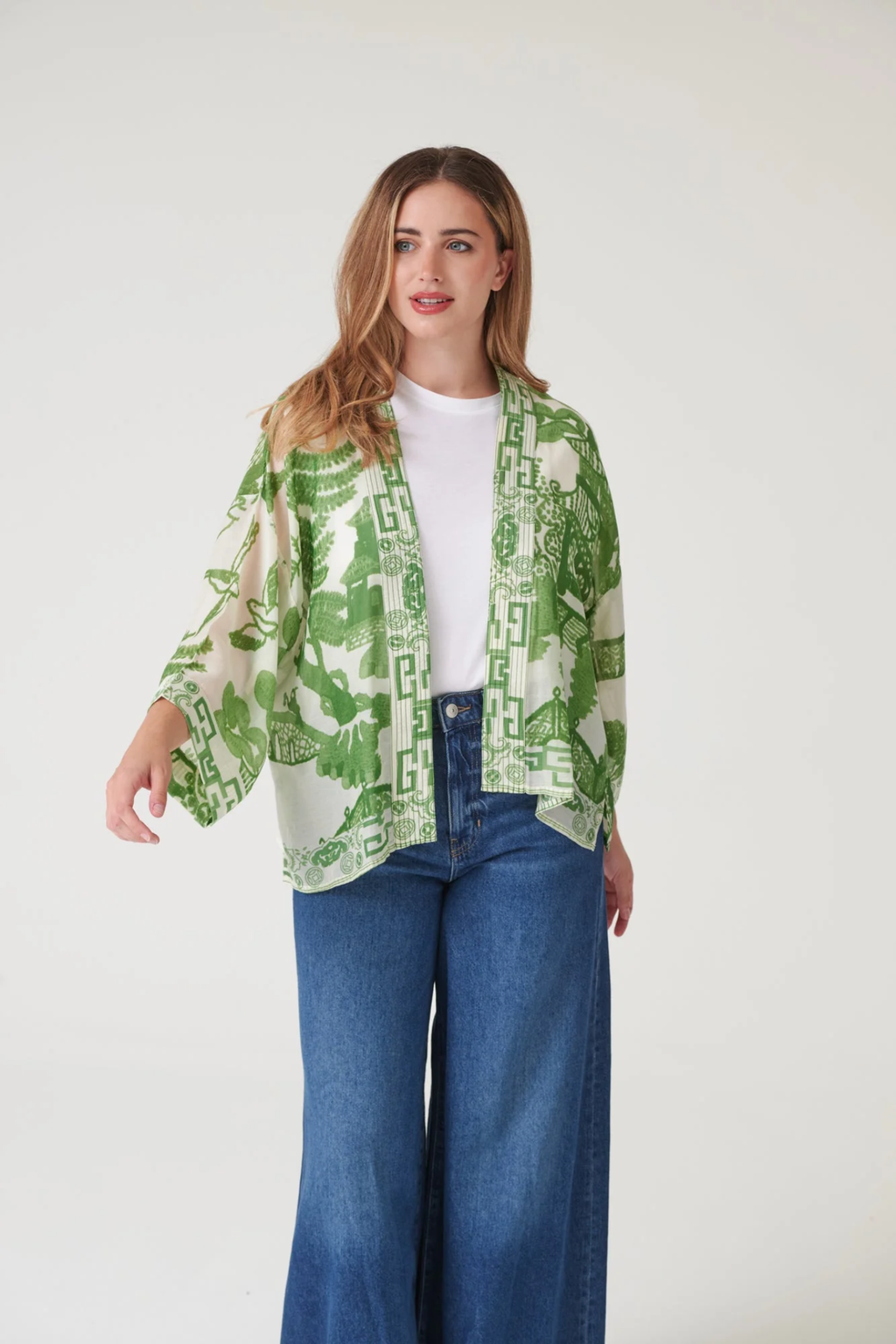 Giant Willow Green kimono by One Hundred Stars in a premium modal-cupro blend. Lightweight, fluid and perfect for layering over dresses, tops or swimwear. Shop at Dotique.