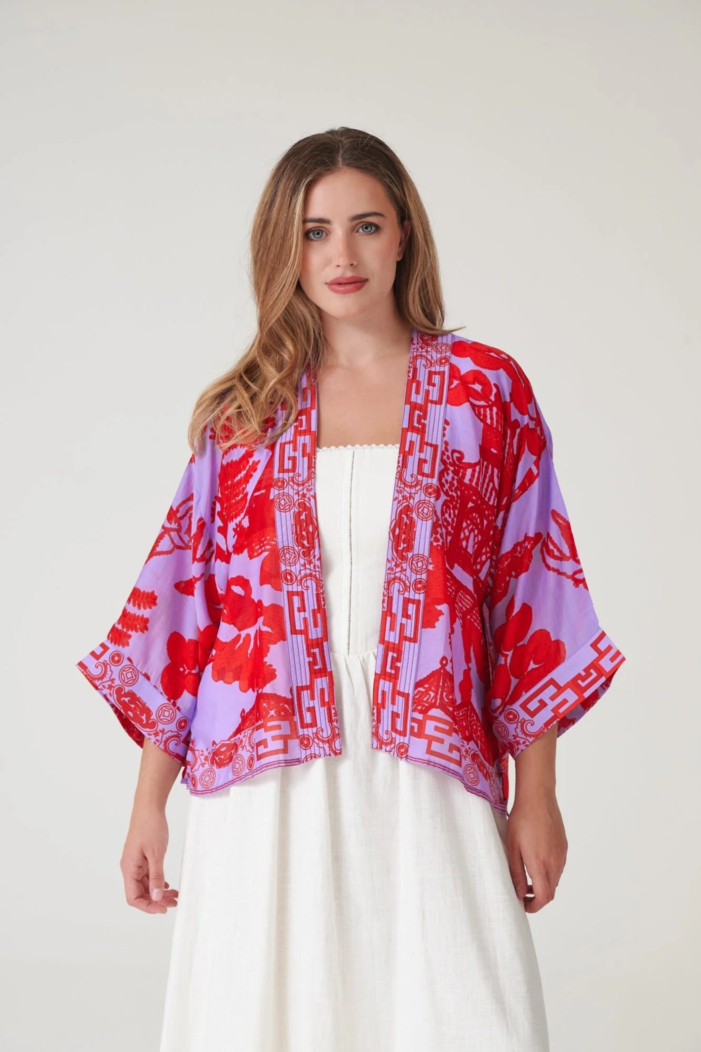 Giant Willow Violet kimono by One Hundred Stars in a premium modal-cupro blend. Lightweight, fluid and perfect for layering over tops, dresses or swimwear. Shop at Dotique.