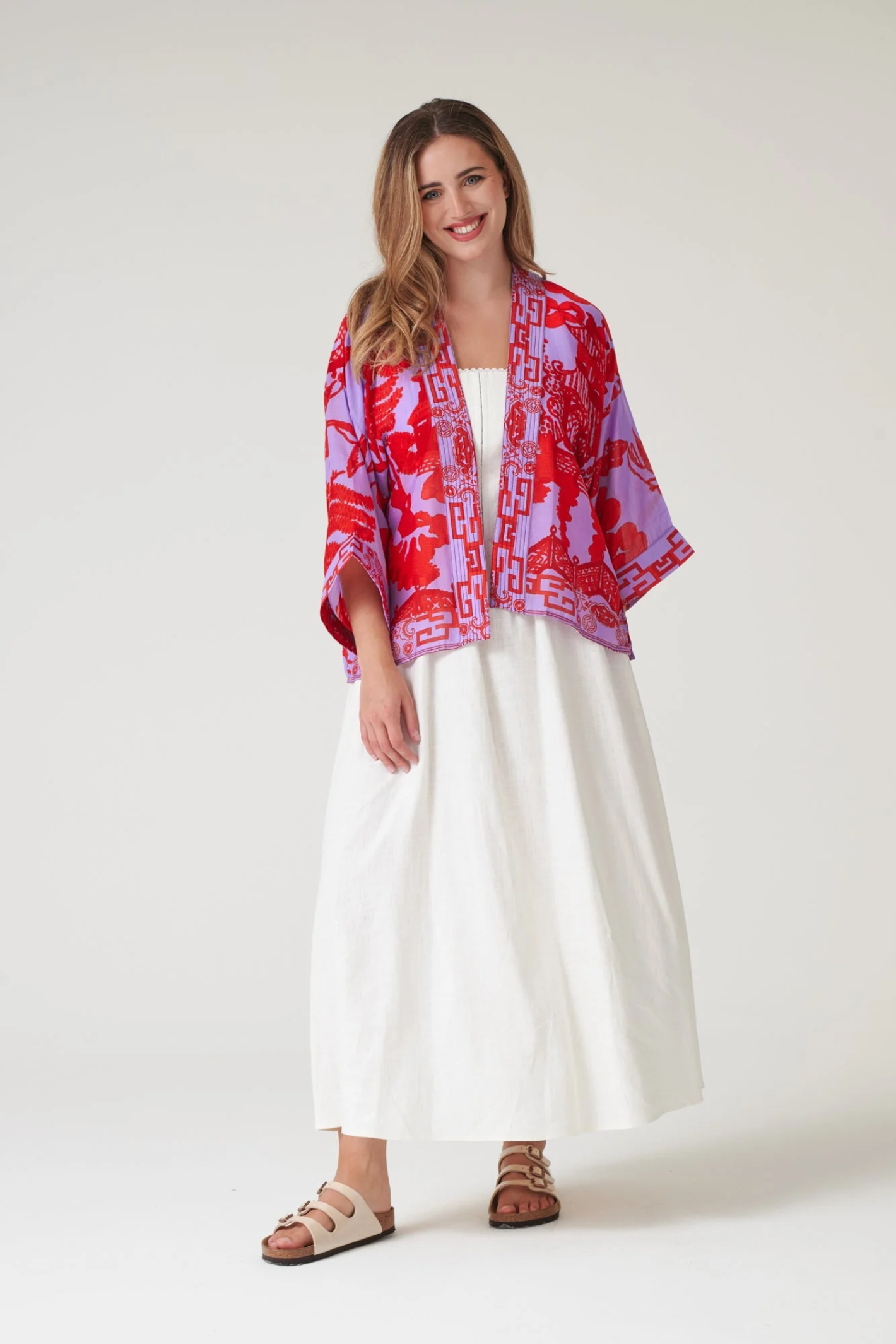 Giant Willow Violet kimono by One Hundred Stars in a premium modal-cupro blend. Lightweight, fluid and perfect for layering over tops, dresses or swimwear. Shop at Dotique.