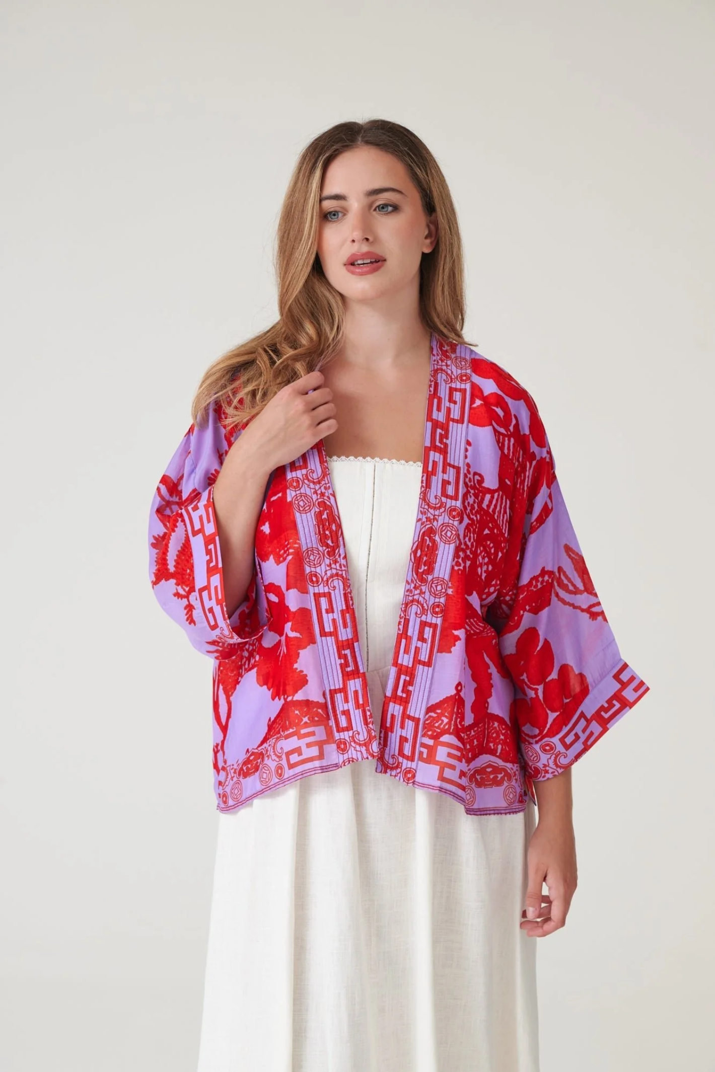 Giant Willow Violet kimono by One Hundred Stars in a premium modal-cupro blend. Lightweight, fluid and perfect for layering over tops, dresses or swimwear. Shop at Dotique.
