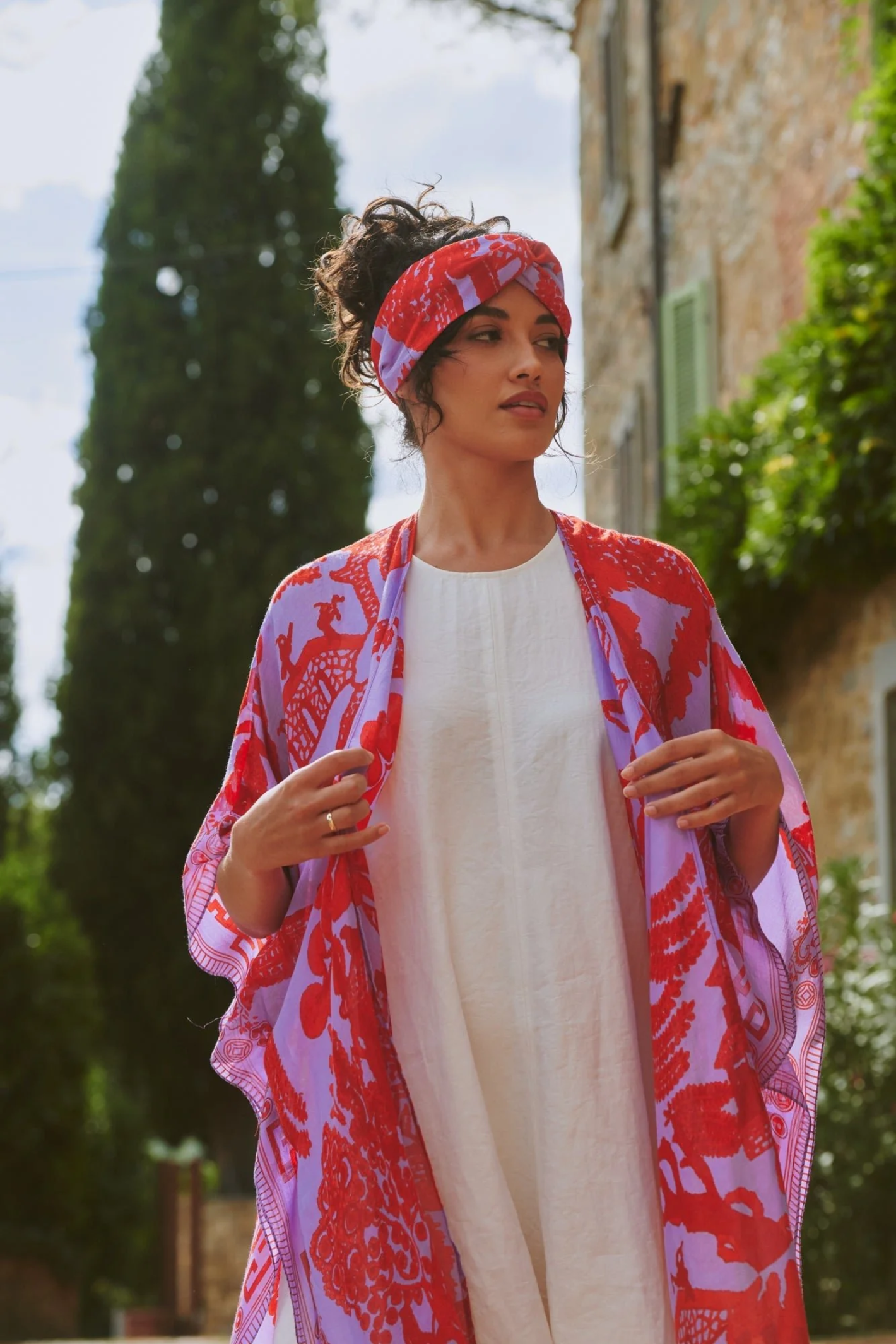 Giant Willow Blue & White throwover by One Hundred Stars in a premium modal-cupro blend. Lightweight, fluid and perfect for layering over dresses or tops. Shop at Dotique.