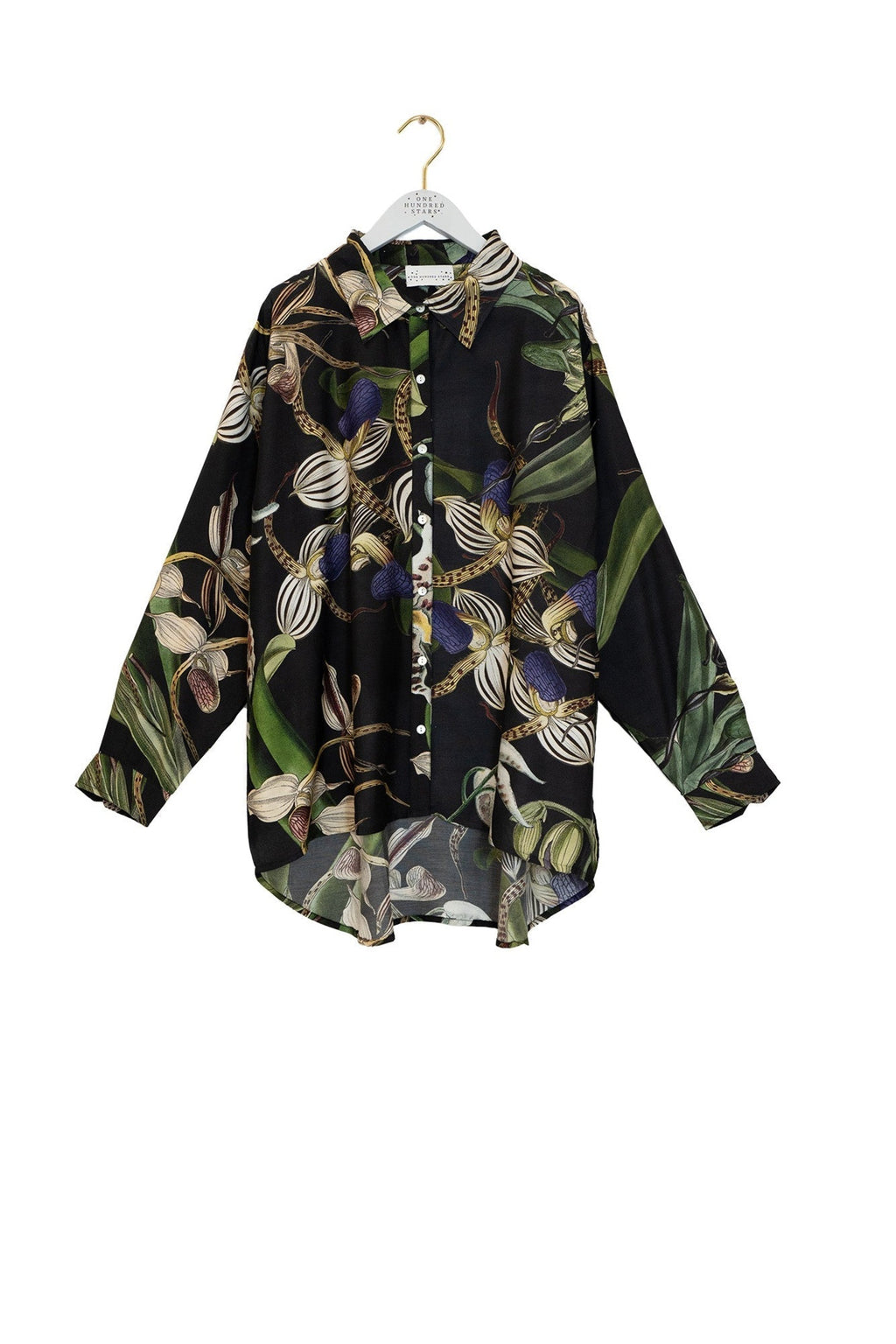 One Hundred Stars Orchid Black Oversized Shirt, official product photograph. Shop One Hundred Stars at Dotique.