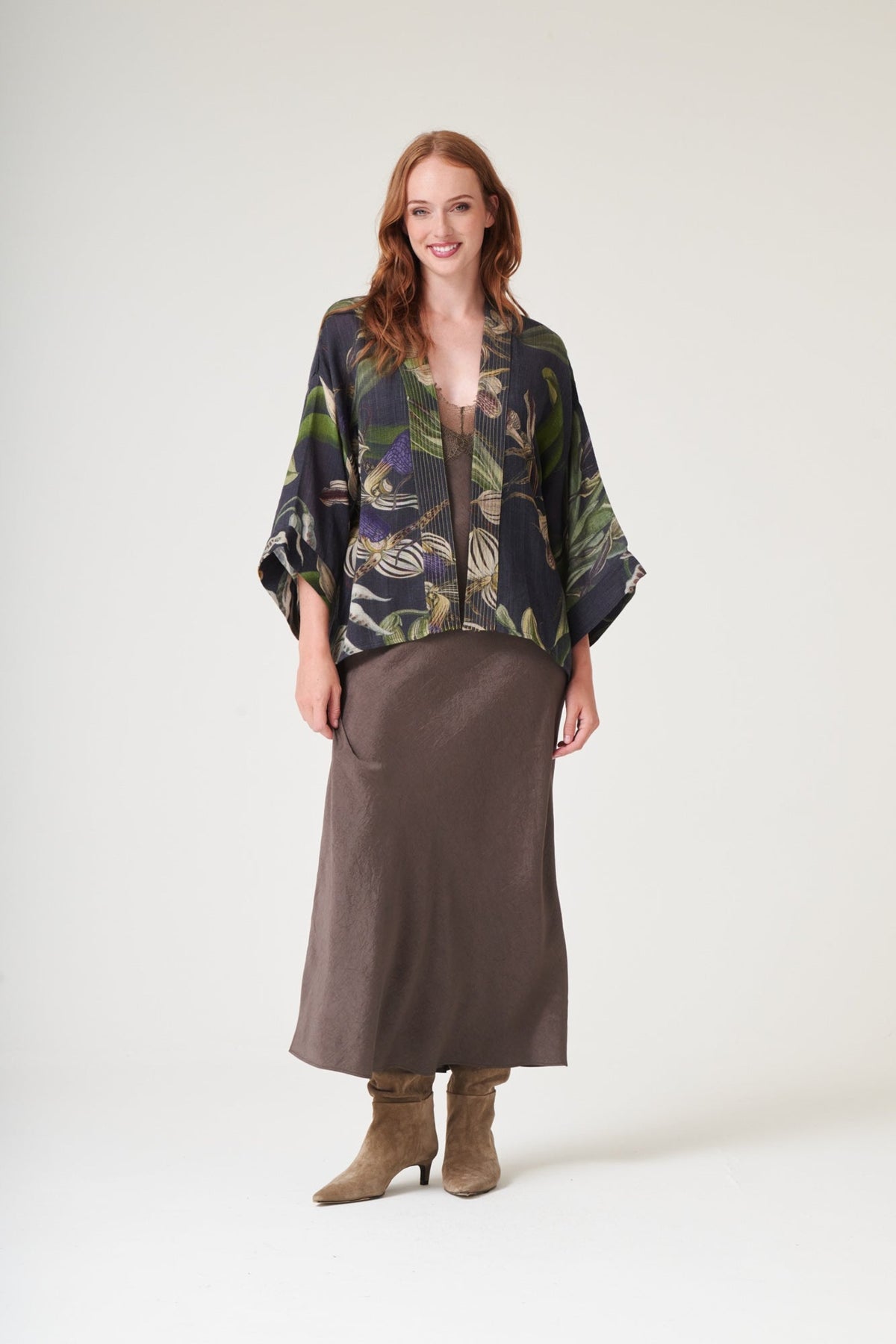 One Hundred Stars Orchid Black Wool Kimono, official product photograph. Shop One Hundred Stars at Dotique.