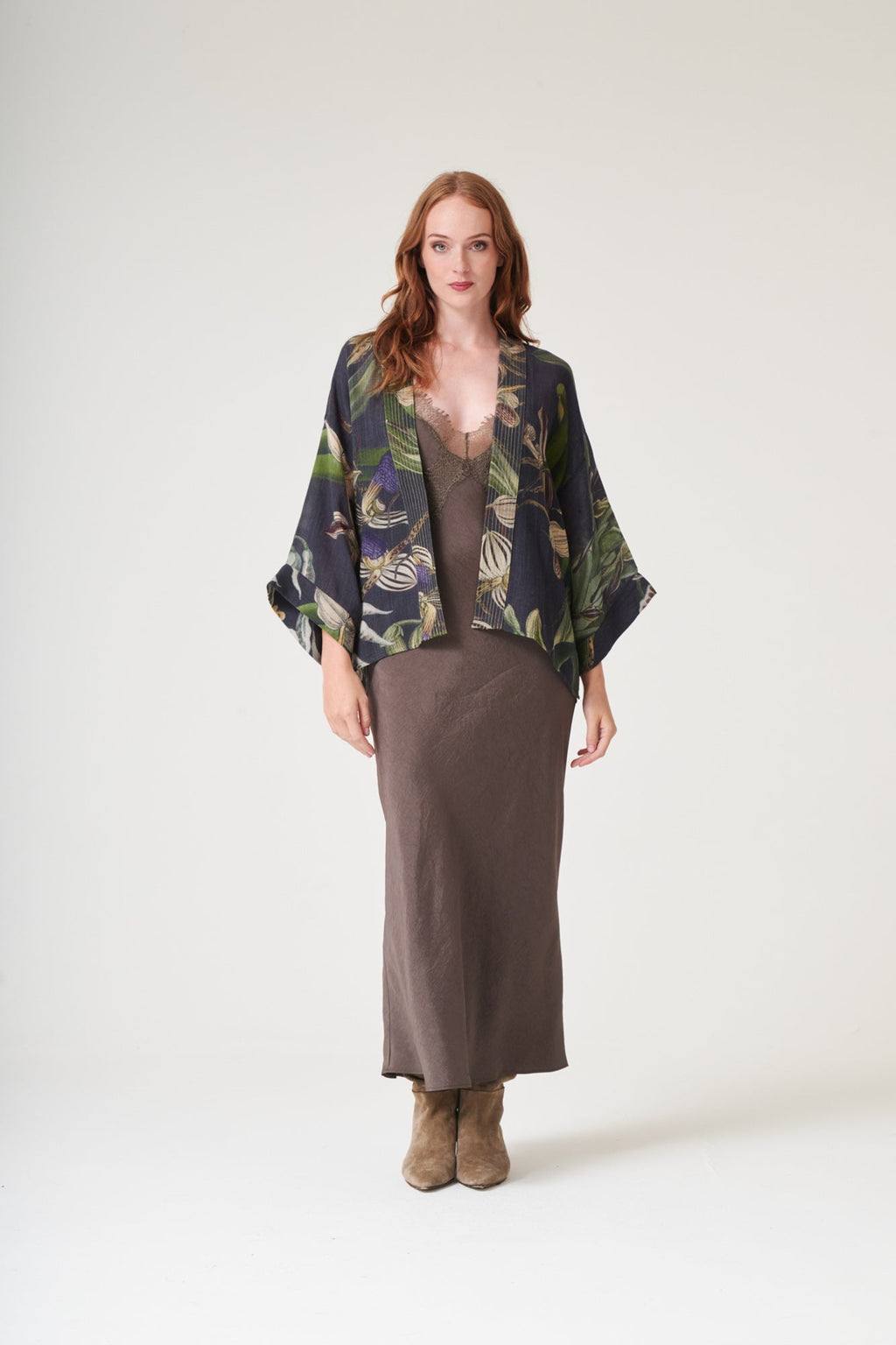 One Hundred Stars Orchid Black Wool Kimono, official product photograph. Shop One Hundred Stars at Dotique.