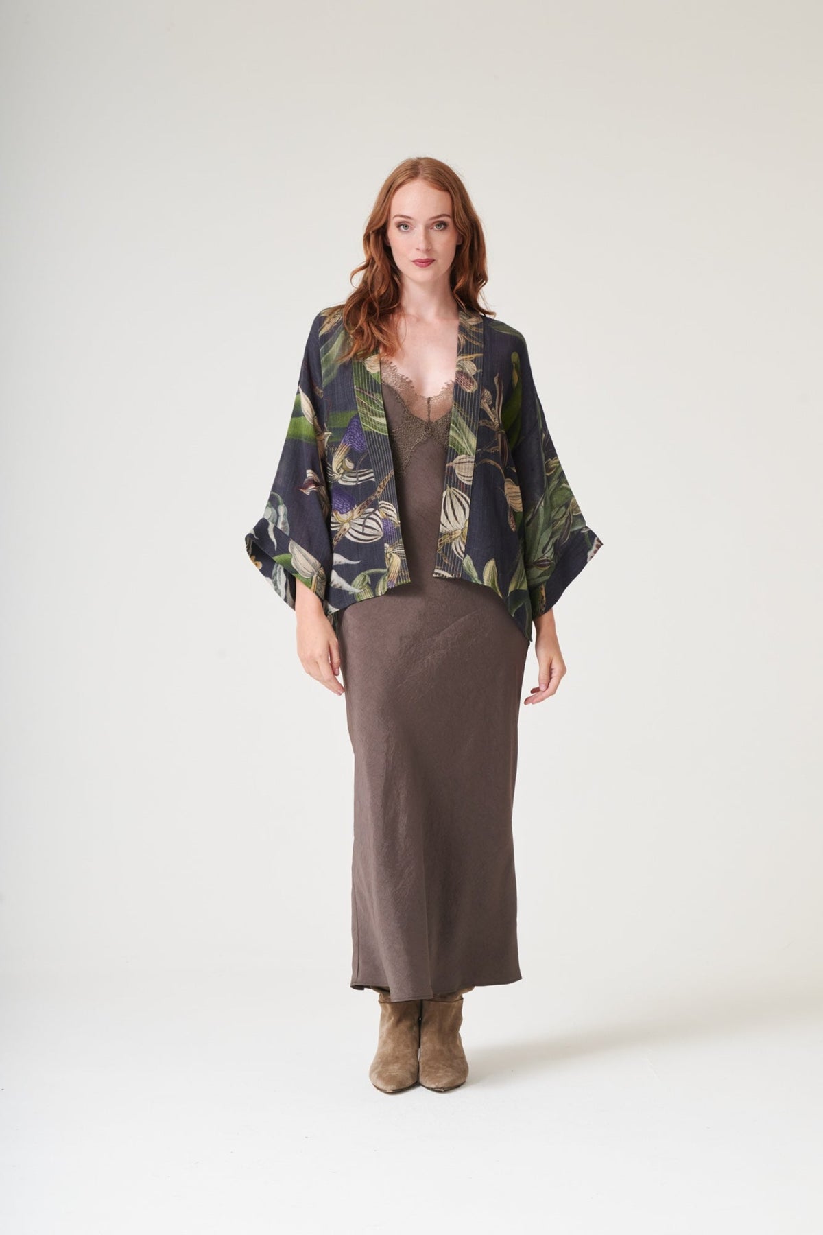 One Hundred Stars Orchid Black Wool Kimono, official product photograph. Shop One Hundred Stars at Dotique.