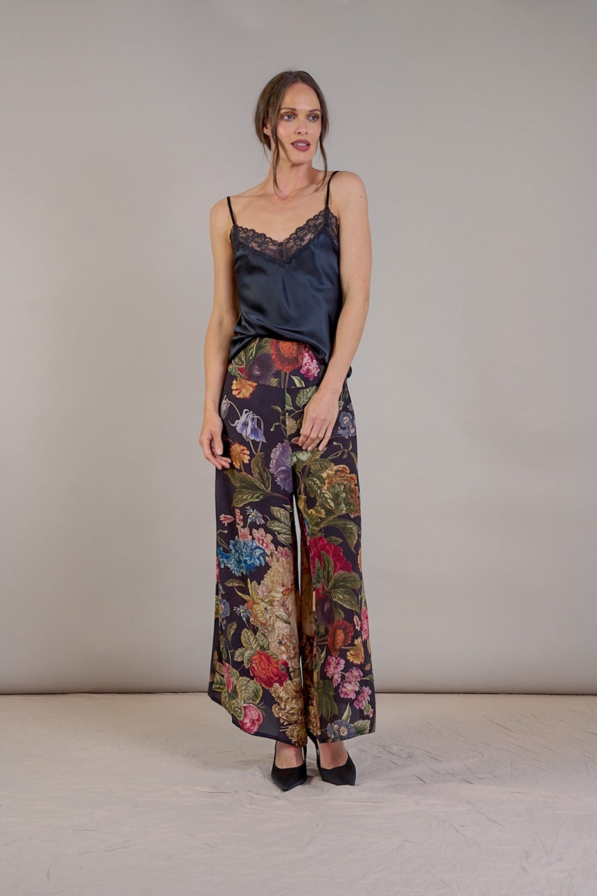 One Hundred Stars Primula Black Palazzo Pants, official product photograph. Shop One Hundred Stars at Dotique.