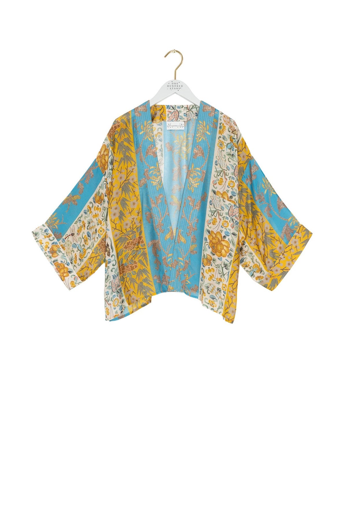 One Hundred Stars Ribbons Gold Kimono KIMRIBGOL, front view on a hanger. Shop One Hundred Stars at Dotique.