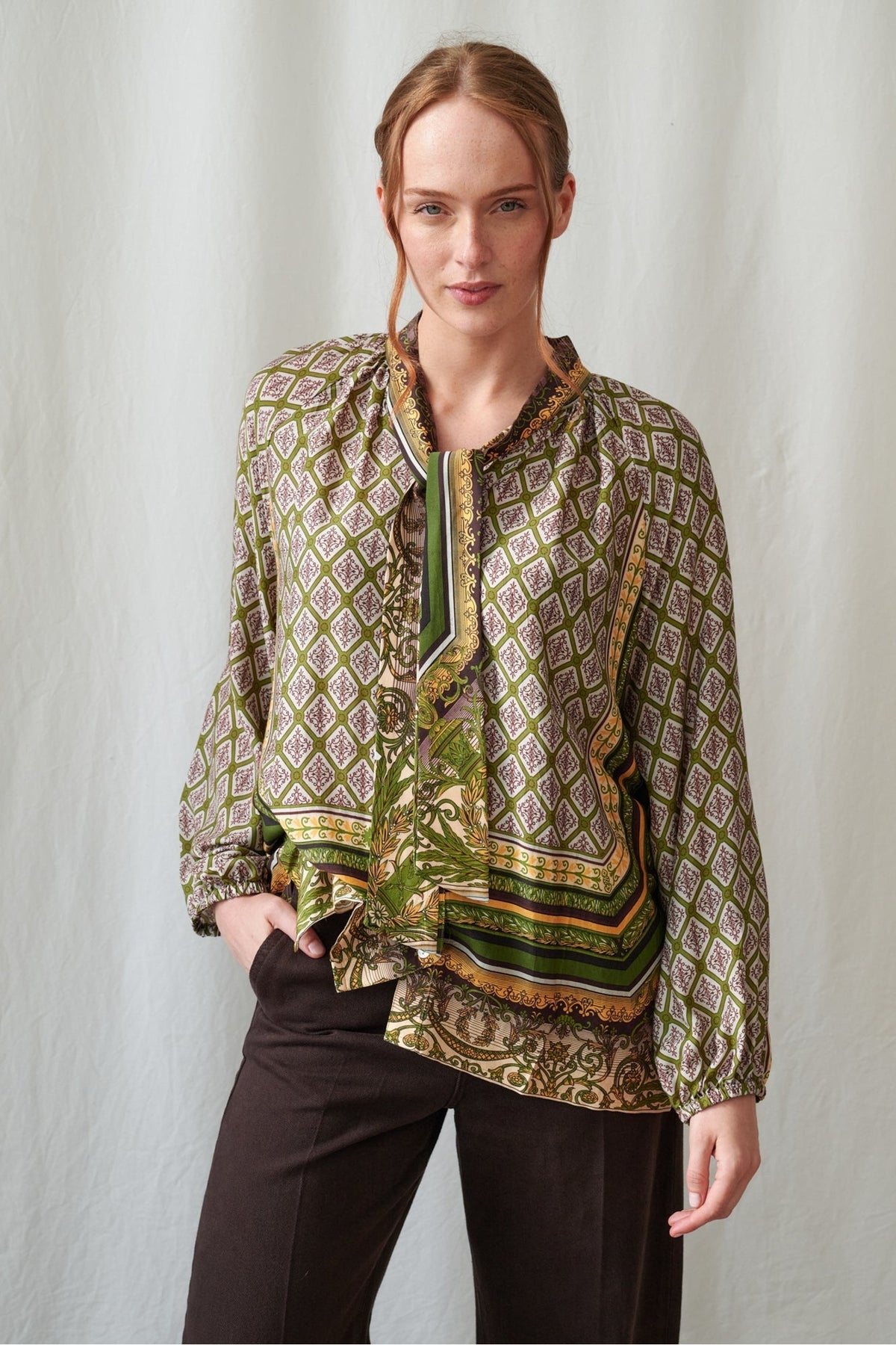Amulet Green Pussybow Blouse by One Hundred Stars, view 2. Shop One Hundred Stars at Dotique.