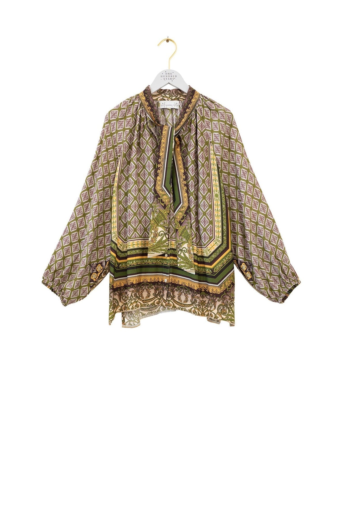 Amulet Green Pussybow Blouse by One Hundred Stars, view 3. Shop One Hundred Stars at Dotique.