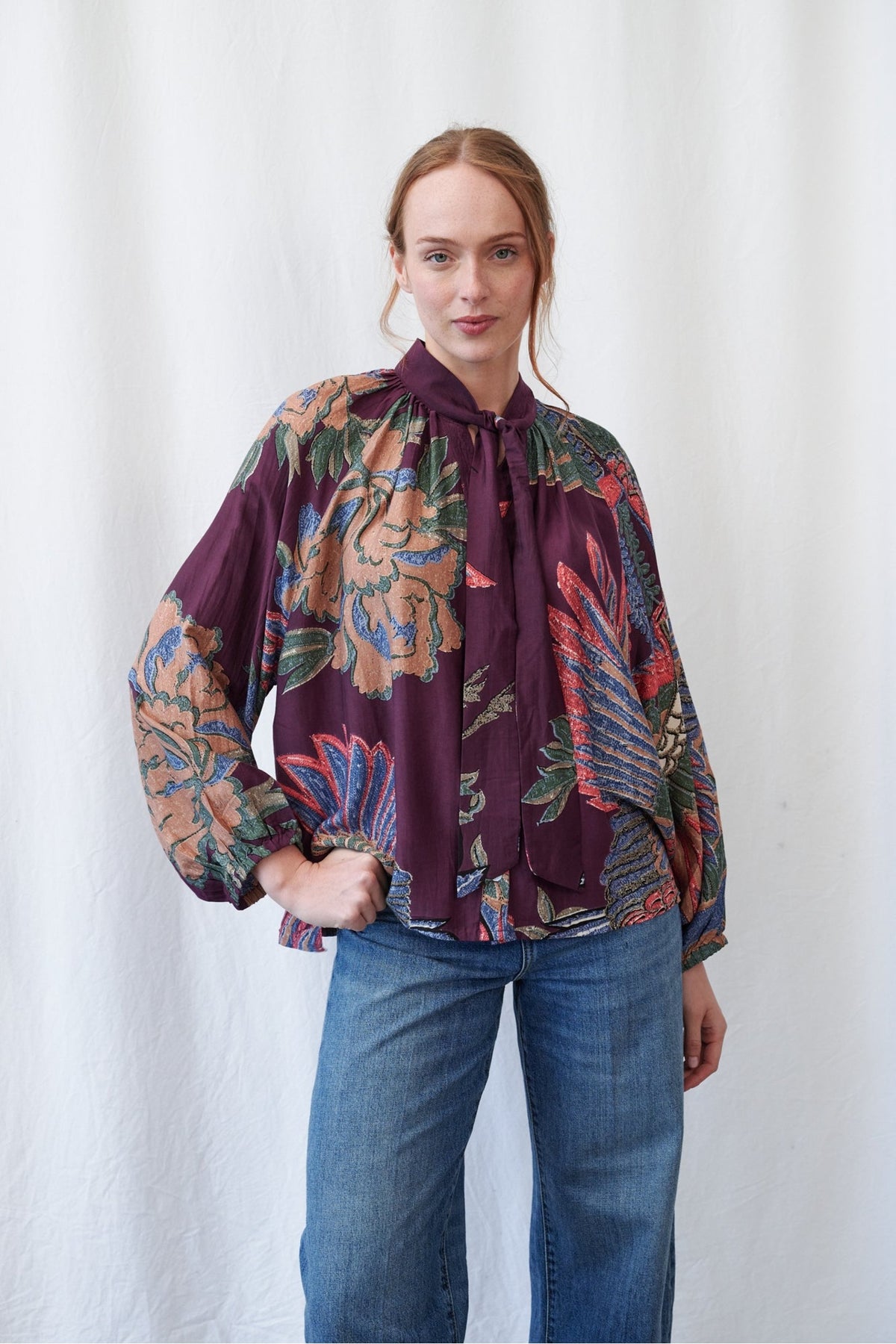 Crane Plum Pussybow Blouse by One Hundred Stars, view 1. Shop One Hundred Stars at Dotique.