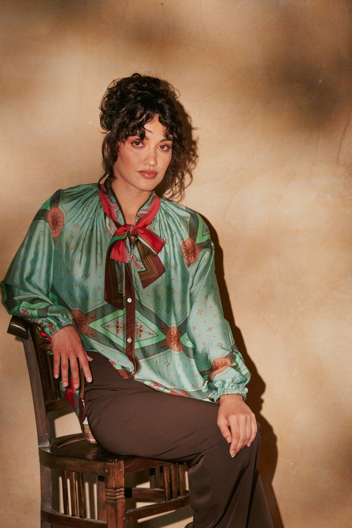 Fleur De Lys Aqua Pussybow Blouse by One Hundred Stars, view 1. Shop One Hundred Stars at Dotique.