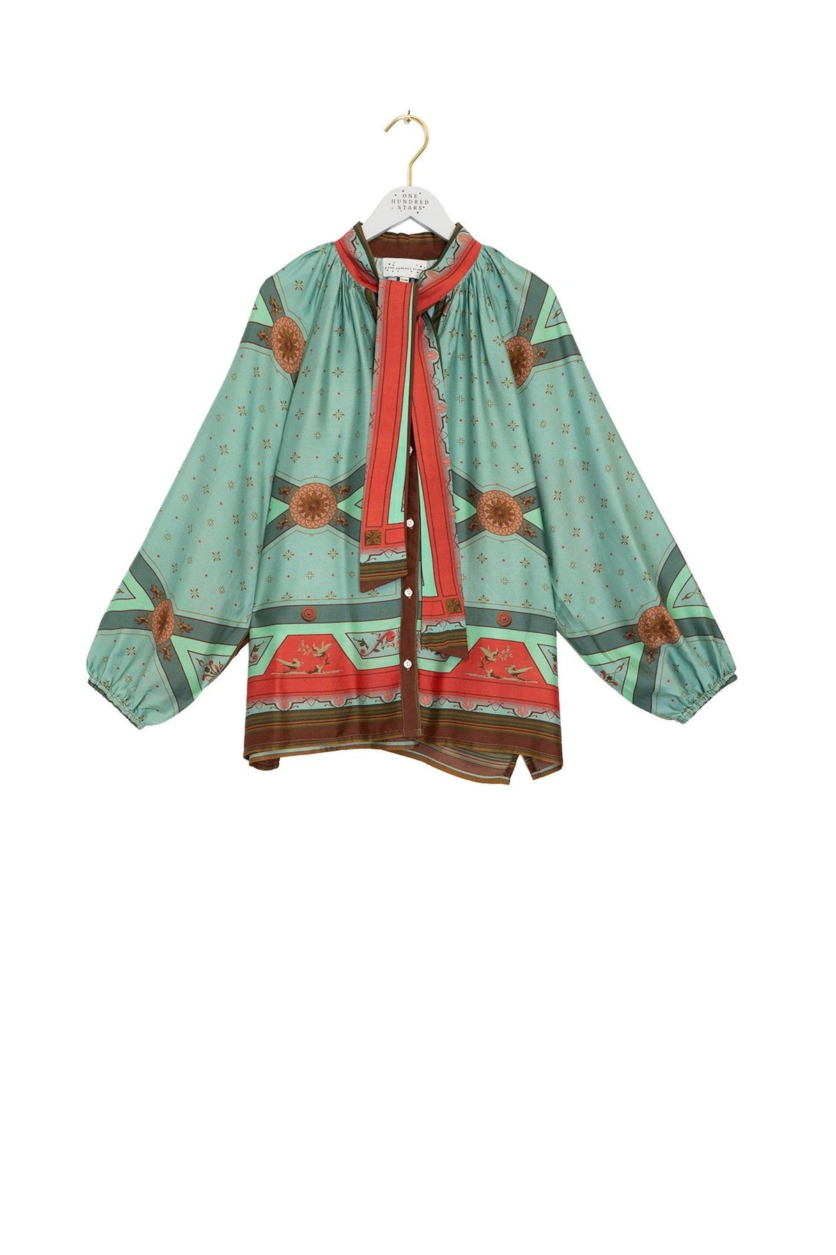 Fleur De Lys Aqua Pussybow Blouse by One Hundred Stars, view 3. Shop One Hundred Stars at Dotique.