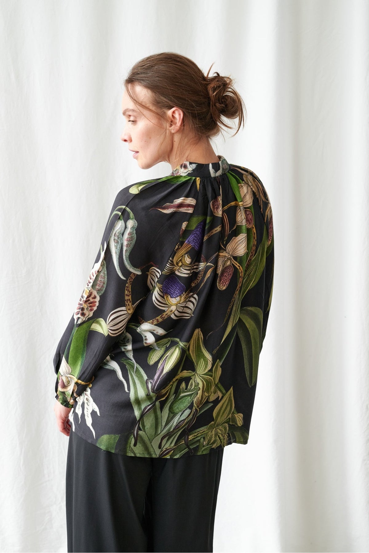 Orchid Black PussyBow Blouse by One Hundred Stars, view 2. Shop One Hundred Stars at Dotique.