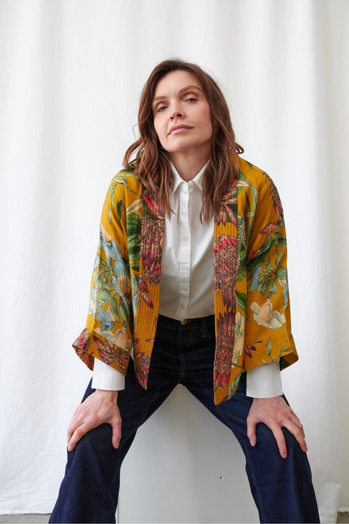 Rhodoleia Gold Wool Kimono by One Hundred Stars, view 1. Shop One Hundred Stars at Dotique.