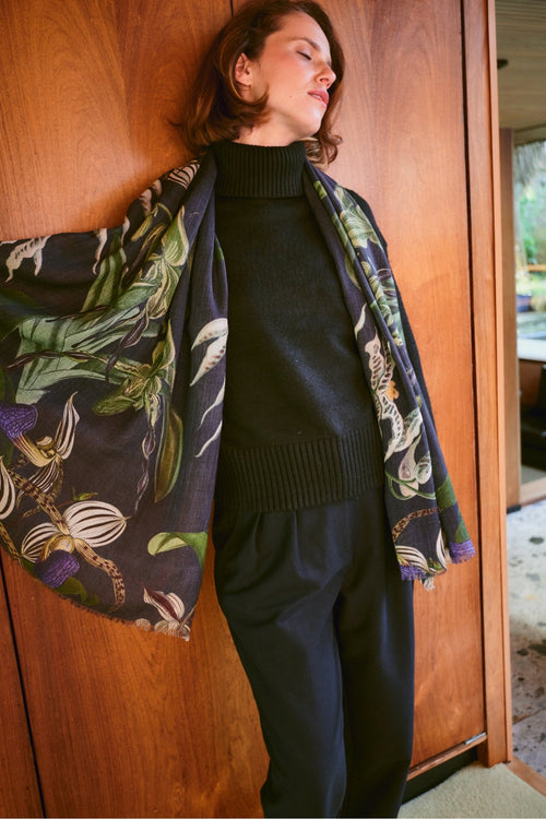 Orchid Black Wool Scarf by One Hundred Stars, view 1. Shop One Hundred Stars at Dotique.