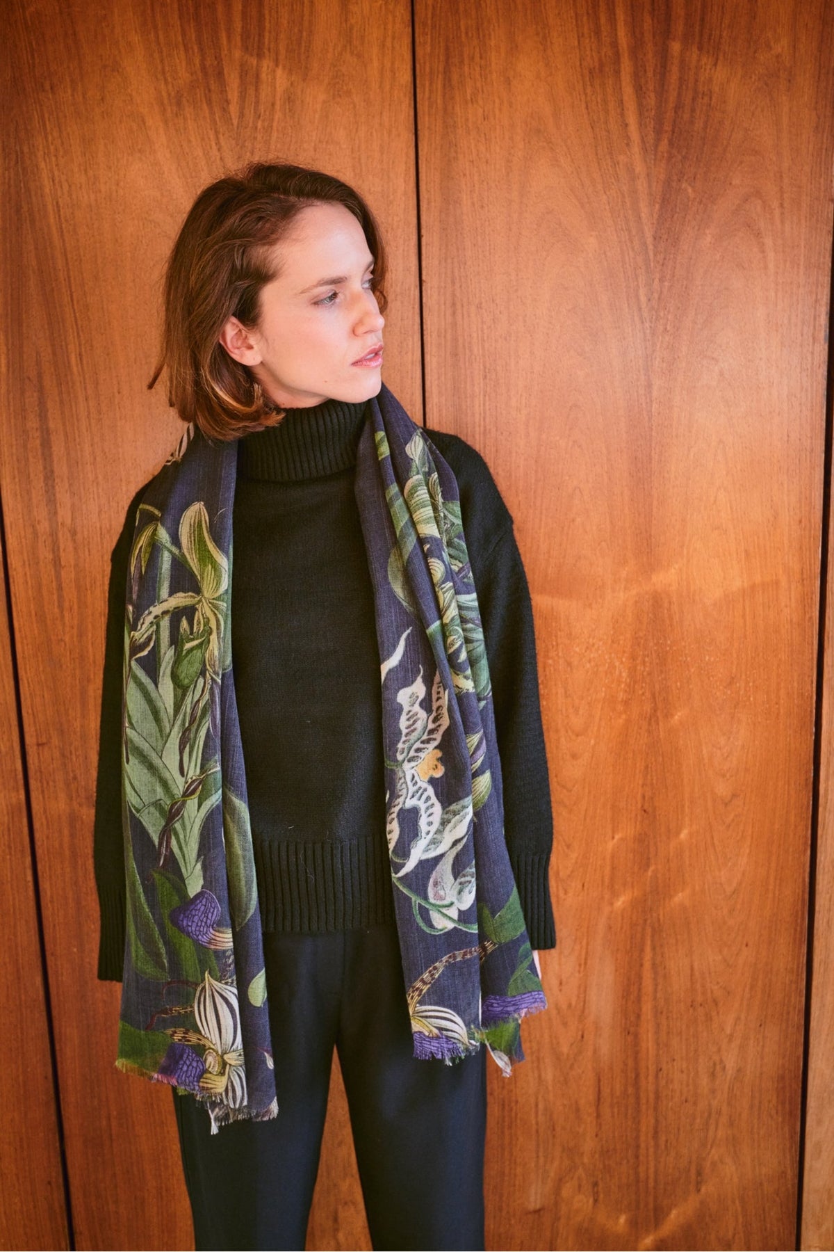 Orchid Black Wool Scarf by One Hundred Stars, view 3. Shop One Hundred Stars at Dotique.