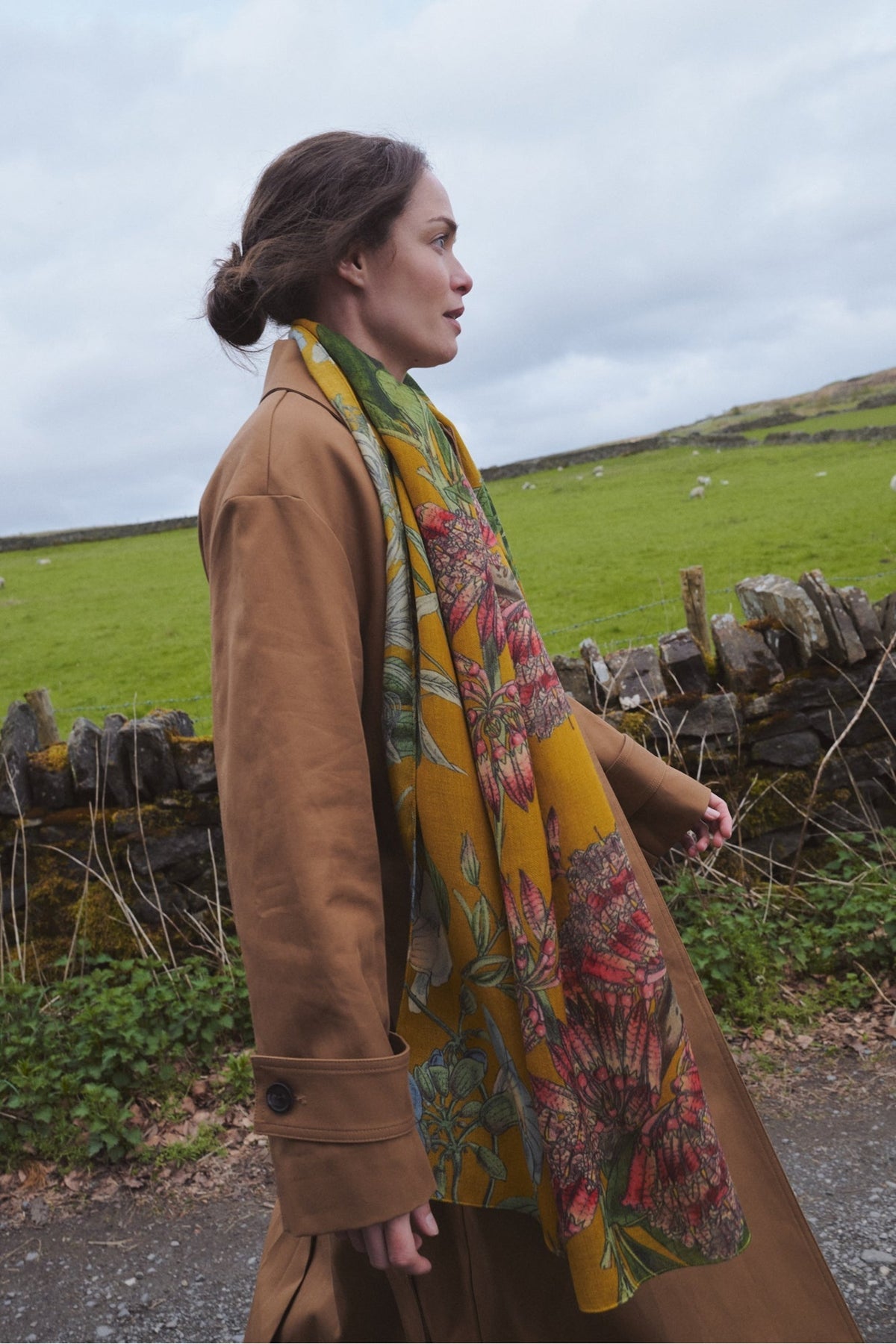 Rhodoleia Gold Wool Scarf by One Hundred Stars, view 1. Shop One Hundred Stars at Dotique.