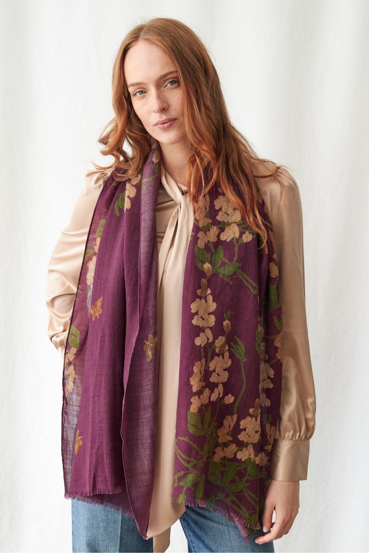 Wisteria Plum Wool Scarf by One Hundred Stars, view 1. Shop One Hundred Stars at Dotique.