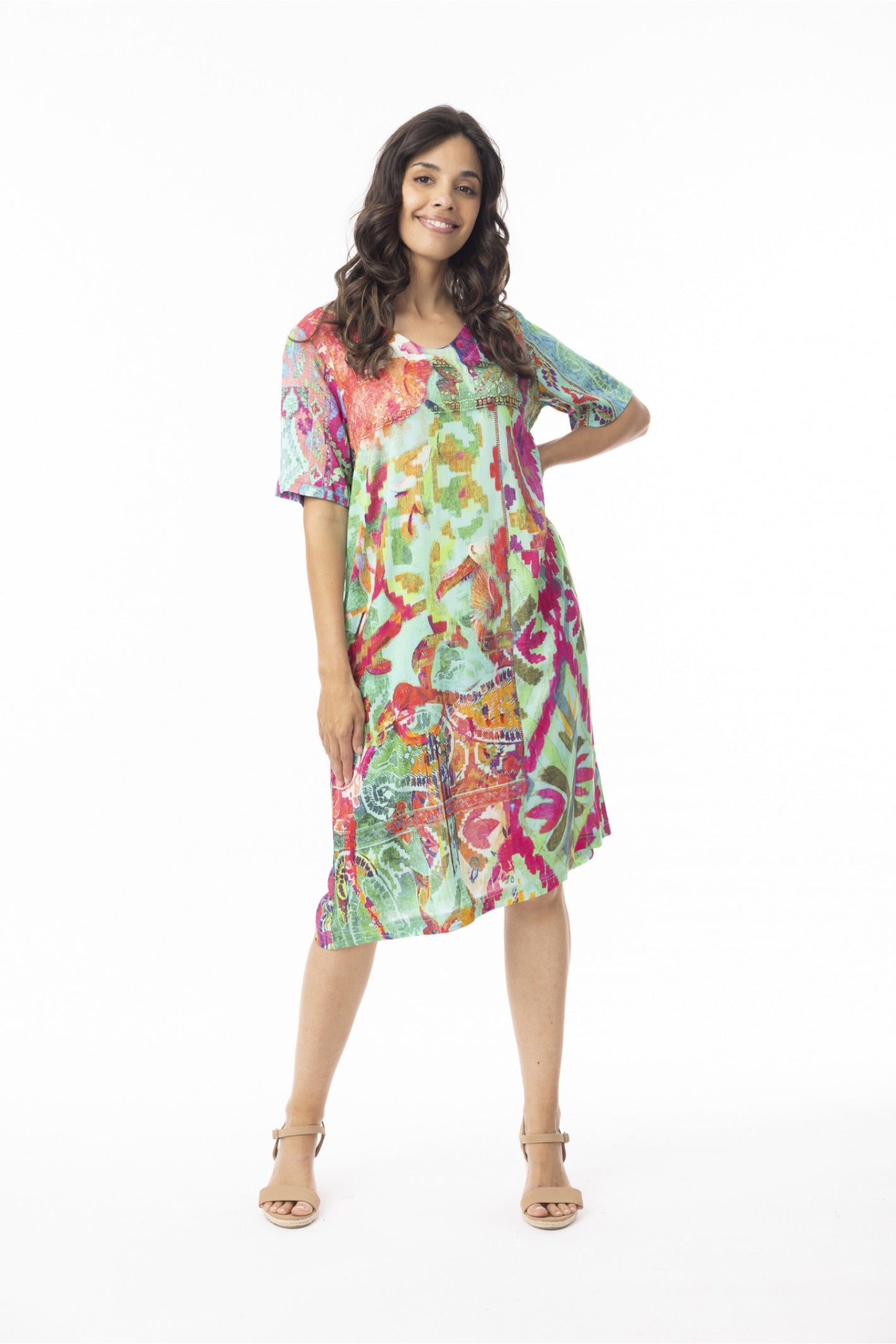 Model front view wearing Orientique 71604 Digital Dress Shifty Crafty by orientique, shop orientique at Dotique